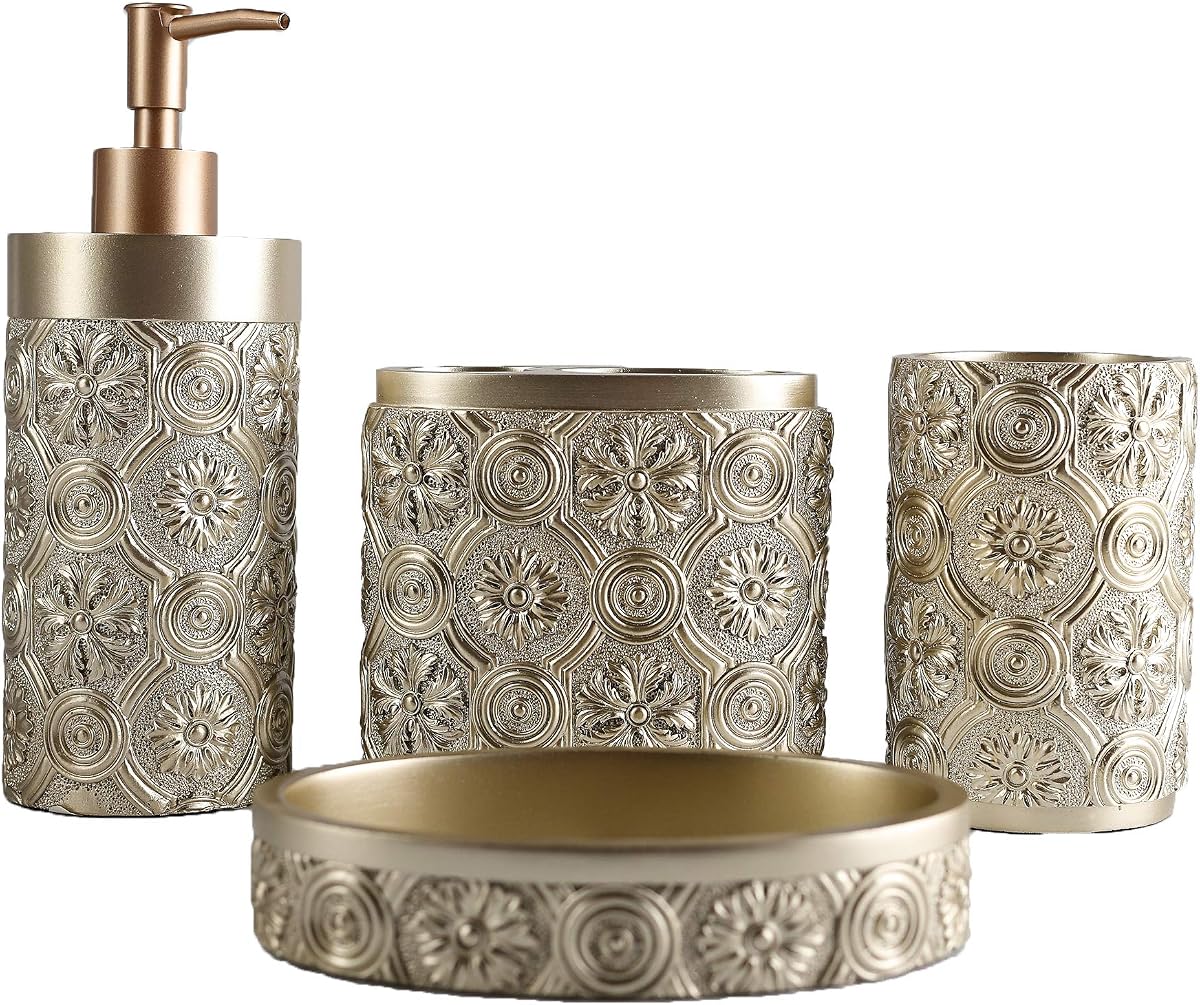 Hymmah Juego de accesorios de baño, soporte para cepillo de dientes de diseño dorado, decoración de baño de granja, juego de regalo de resina de 4 piezas, artículos necesarios para el apartamento, contiene vaso para cepillo de dientes, dispensador de jabón, jabonera, vaso