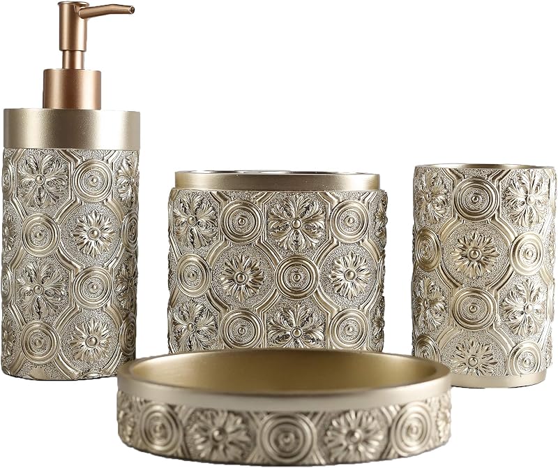 Hymmah Juego de accesorios de baño, soporte para cepillo de dientes de diseño dorado, decoración de baño de granja, juego de regalo de resina de 4 piezas, artículos necesarios para el apartamento, contiene vaso para cepillo de dientes, dispensador de jabón, jabonera, vaso
