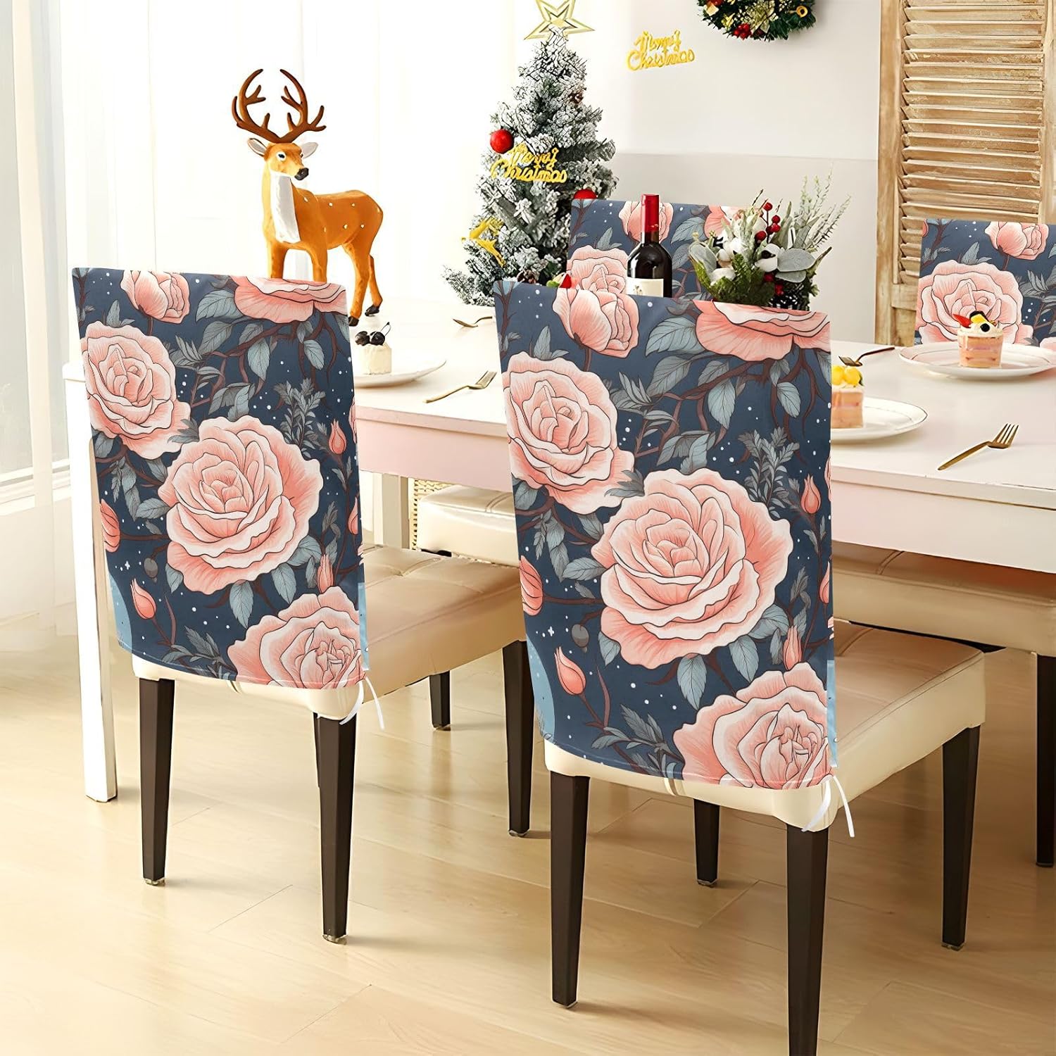 ALAZA Roses at Starry Night Chair Back Cover Set of 6, Washable Reusable Removable Chair Slipcovers Decorative Chair Cover for Home Kitchen Wedding Party