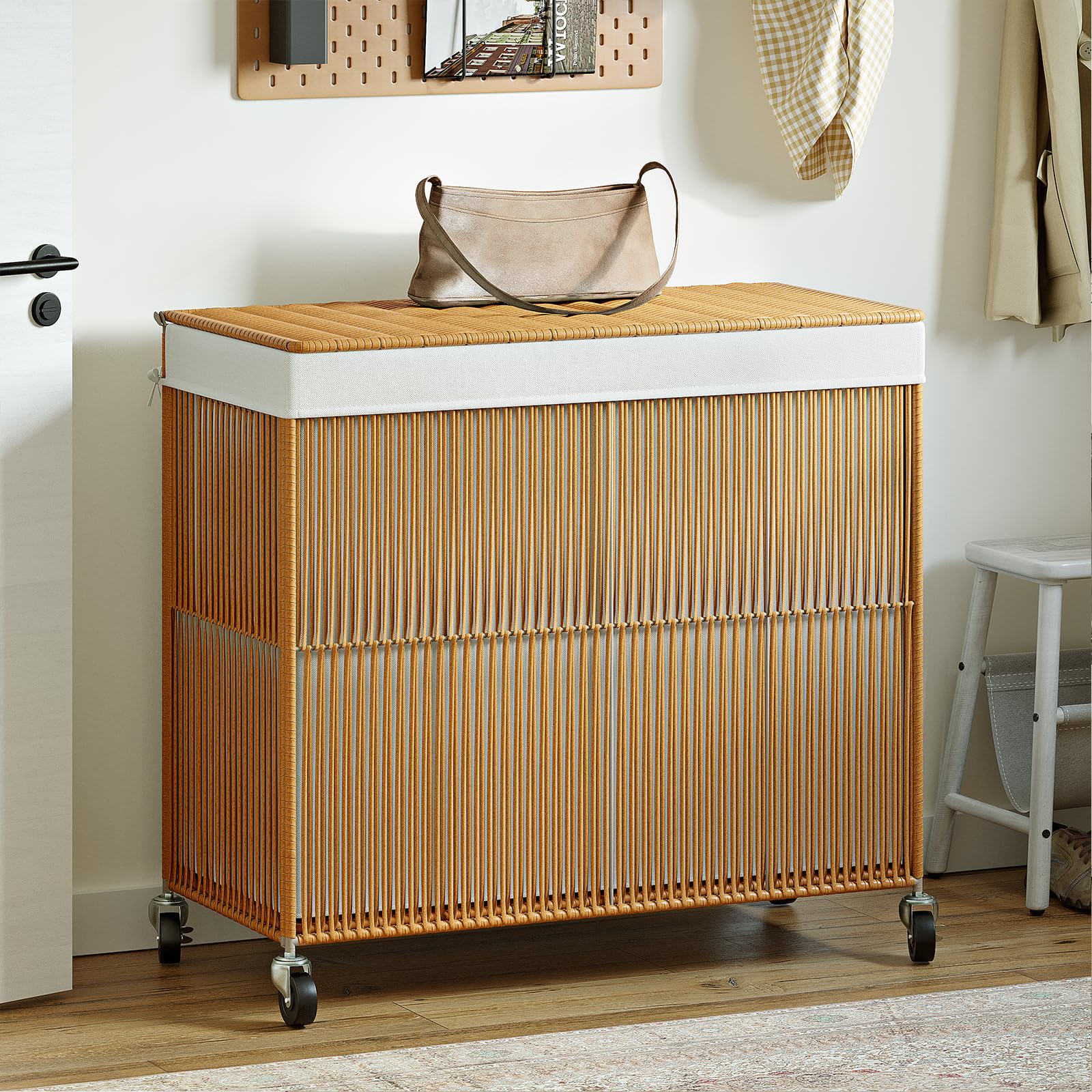 wowlive laundry hamper with wheels, 160l handwoven rolling laundry basket 3 section with lid, clothes hamper with removable liner bags, large capacity laundry sorter laundry room organization, natural