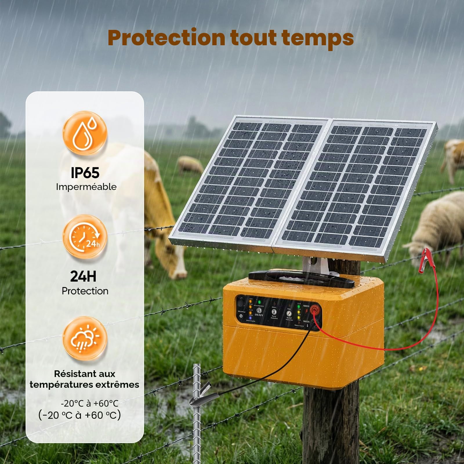 clôture électrique réglable de 0,3 à1,5 joule avec panneau solaire de 15W batterie de 7Ah,clôture électrique solaire portable avec une sortie allant jusqu'à 12KV pour le bétail et la volaille