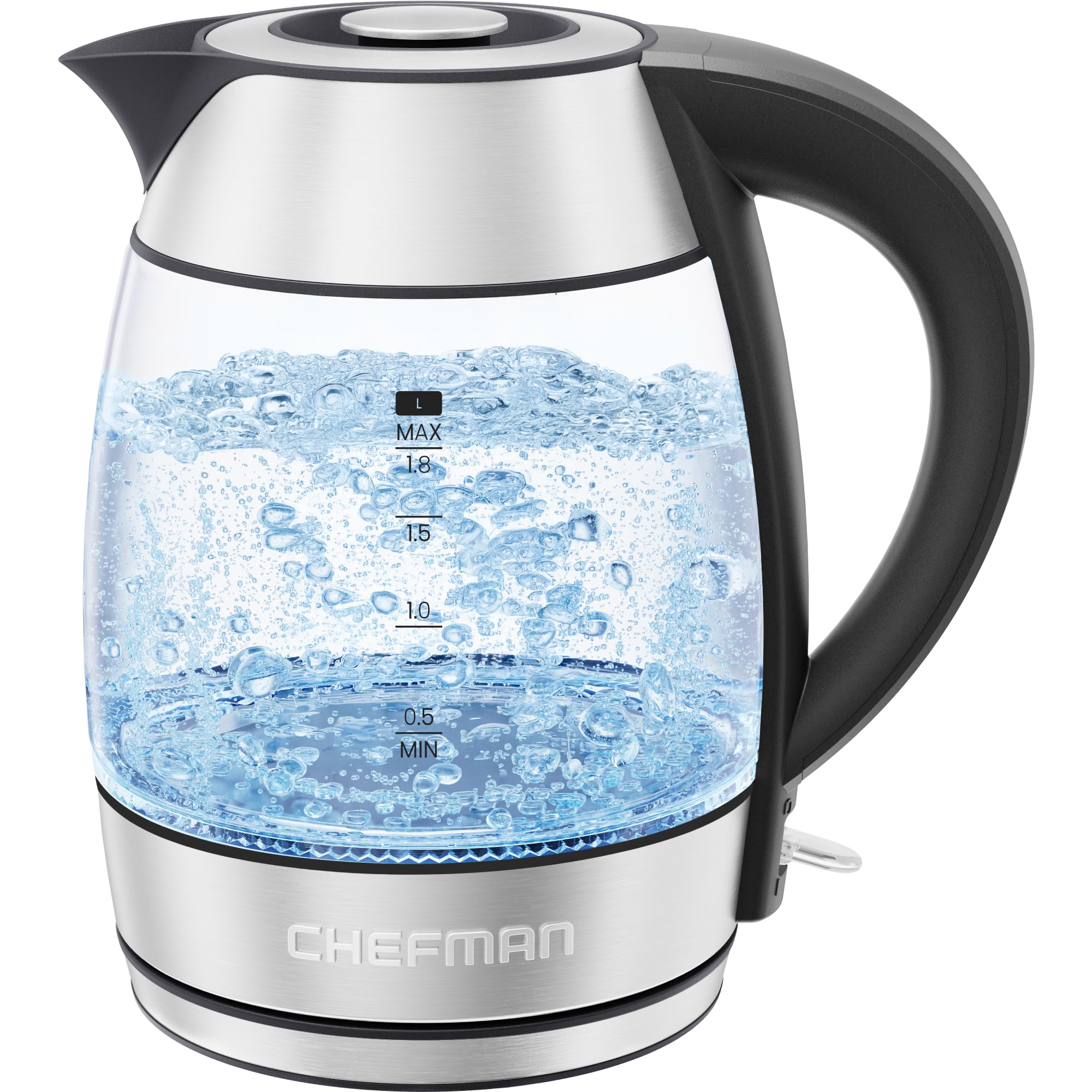 Chefman Electric Kettle 1500W, 1.8L Hot Water Boiler, Removable Lid for Easy Cleaning, LED Indicators, Auto Shutoff & Boil-Dry Protection, Borosilicate Glass Electric Tea Kettle – Stainless Steel, 1.9 Quarts, Stainless Steel