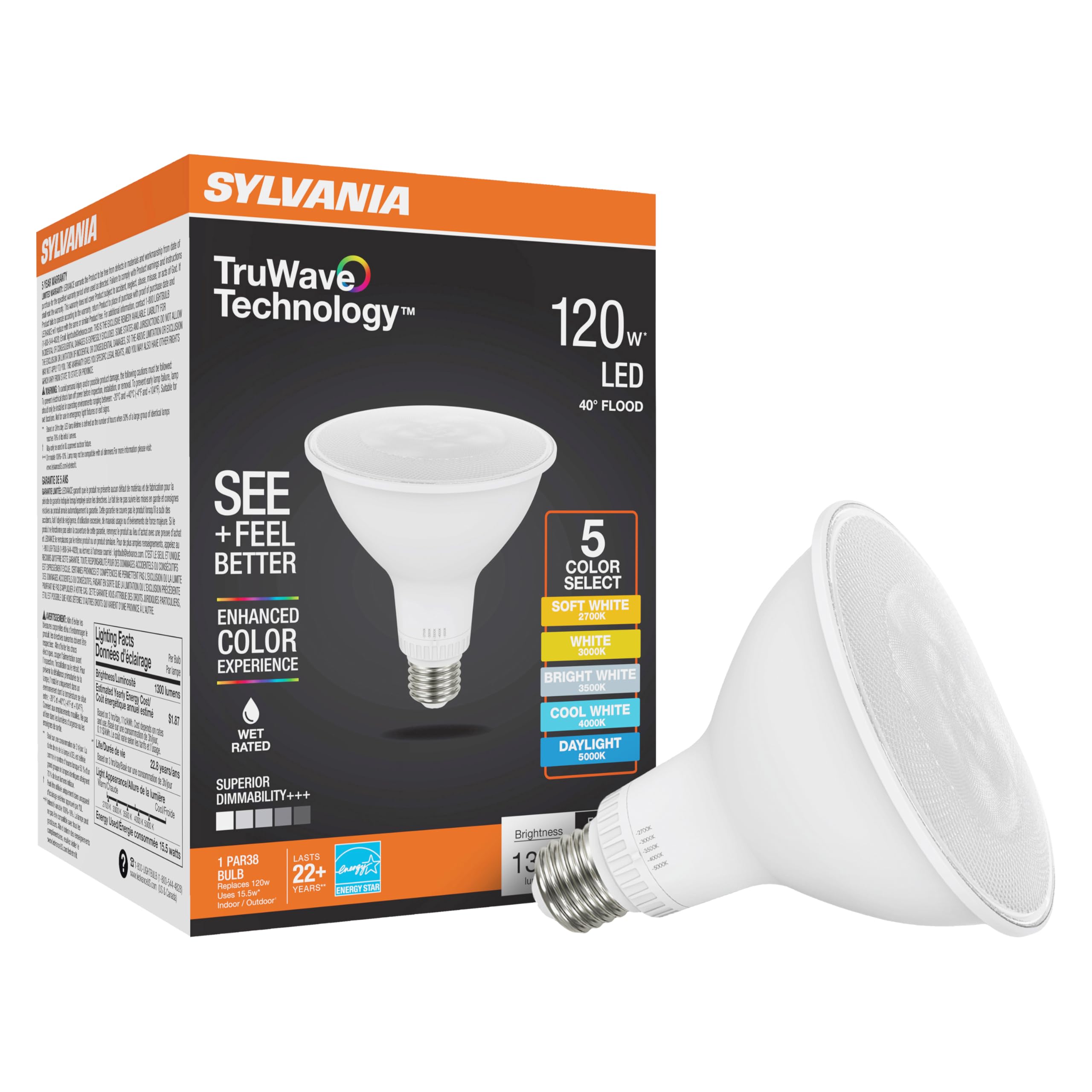 Sylvania TruWave PAR38 LED Light Bulb, 15.5W = 120W, 5 CCT Select