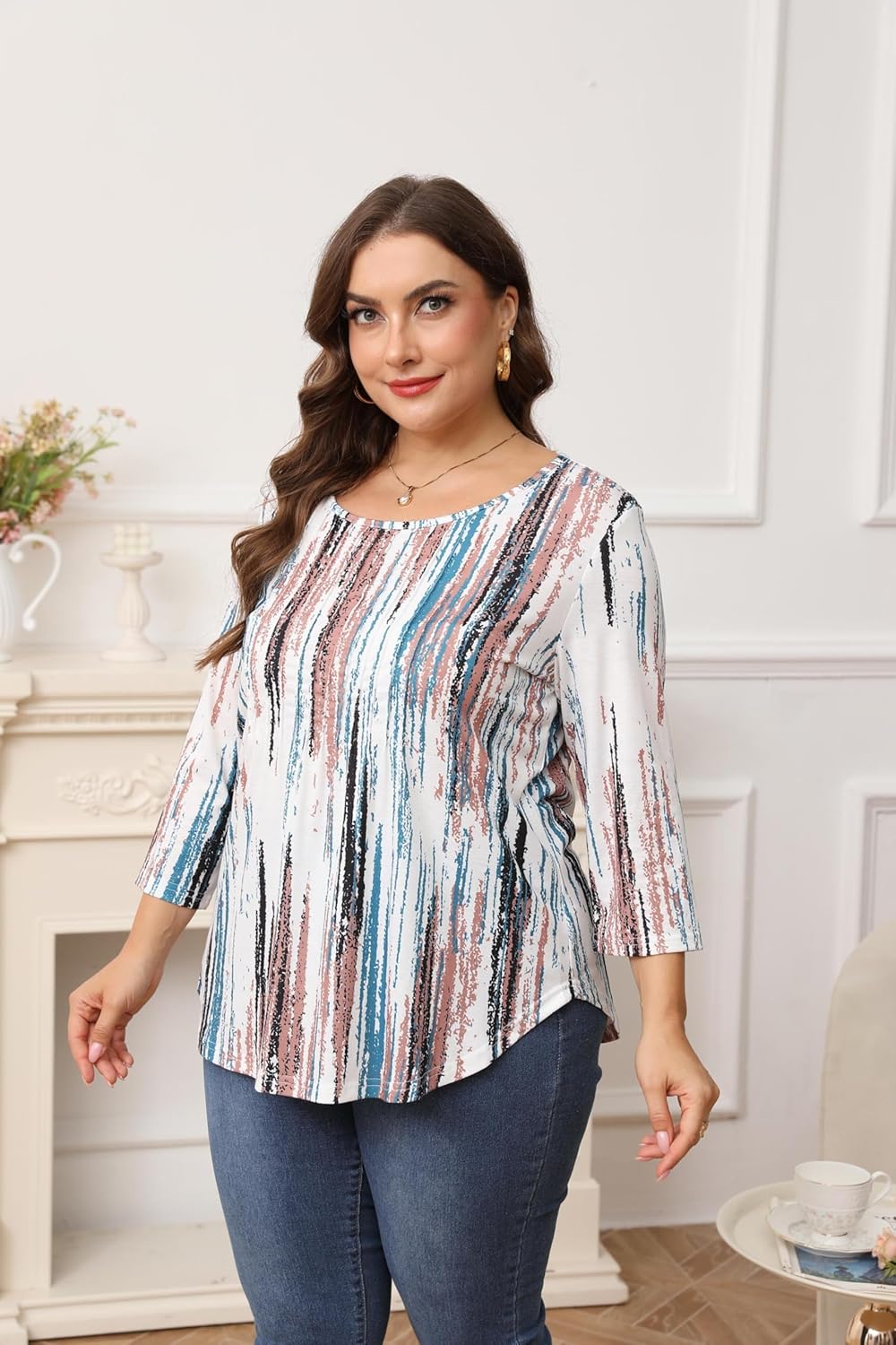Womens Plus Size 3/4 Length Sleeve Tops Crewneck Pleated Loose Fit Casual Tunic Top Swing Shirts Blouses 1X-5X - Image 4