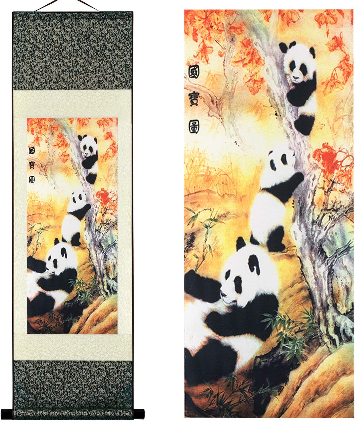 UNIQUELOVER Asian Silk Scroll & Home Decorate Chinese National Treasure-Pandas Picture Scroll & Wall Scroll Hanging Artwork Painting