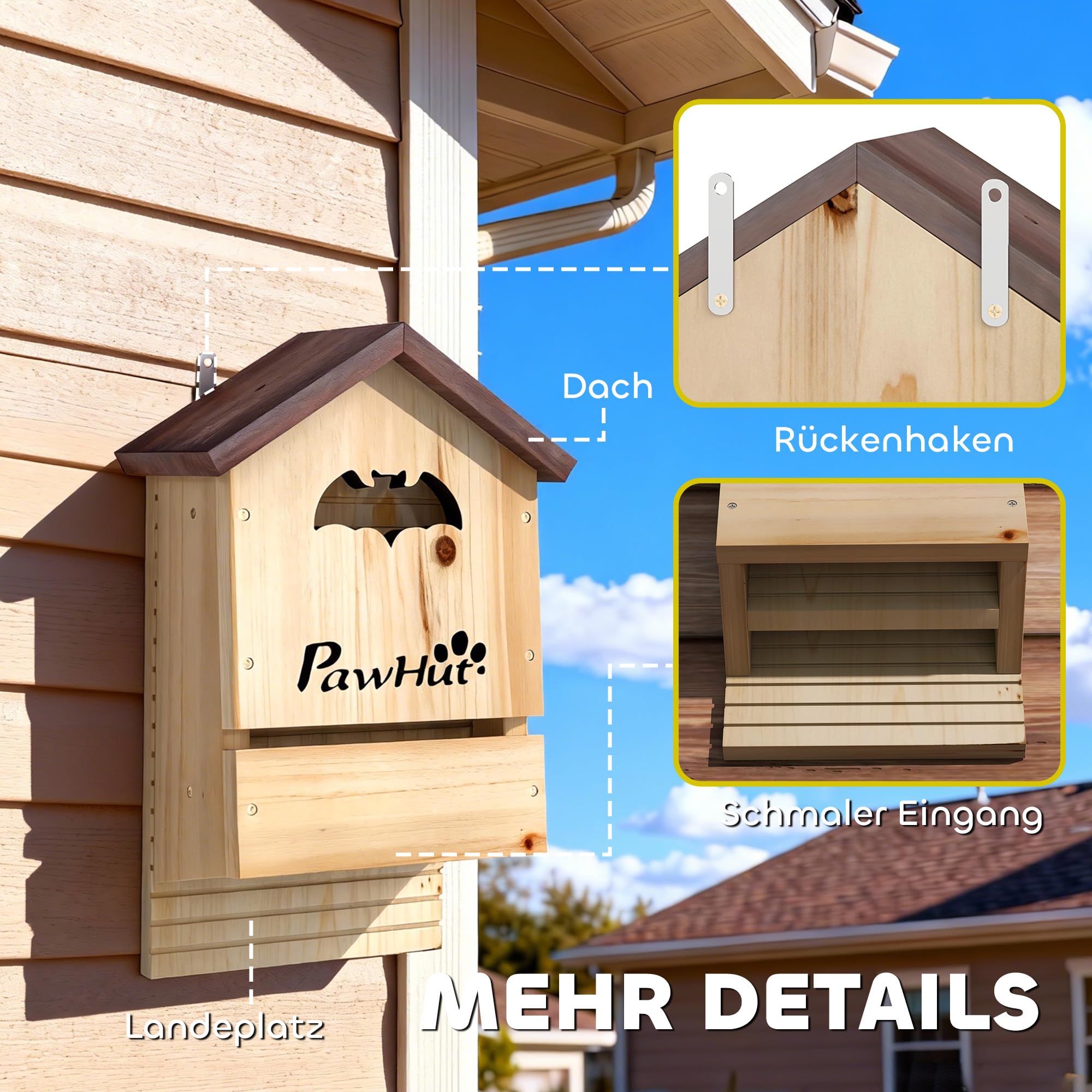 PawHut Fledermauskasten 3er Set aus Tannenholz Fledermaushaus Nistkasten für Fledermäuse zum Aufhängen für Gärten, Obstplantagen, Bauernhöfe 21,5 x 11,5 x 34 cm