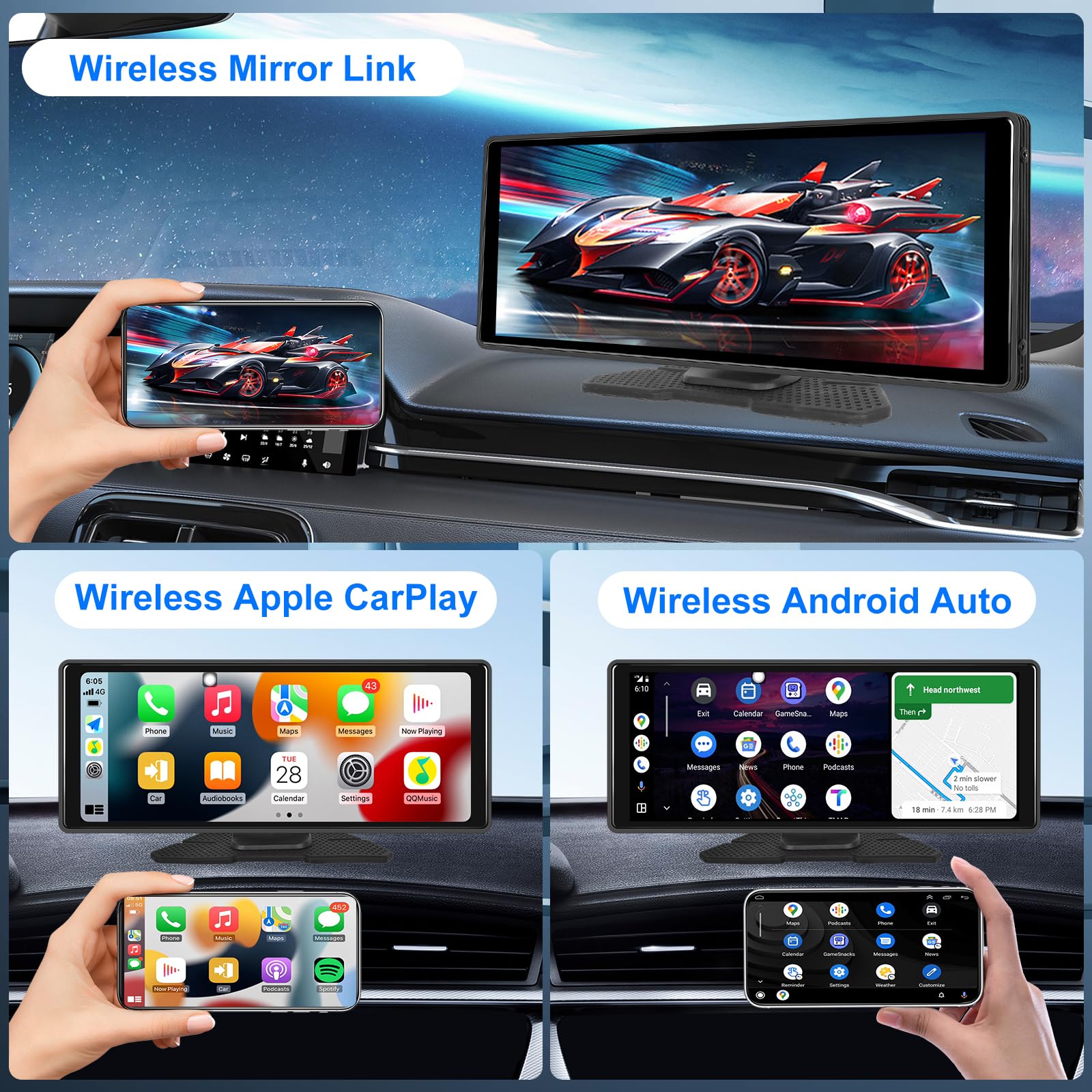 Hodozzy Android 4G 64G 8-Core sans Fil CarPlay Moniteur Android Auto Écran Voiture GPS Dash Cam Avant et Arrière Portable Autoradio Bluetooth 10,26 Pouces Écran Tactile Lien Miroir WiFi FM AUX