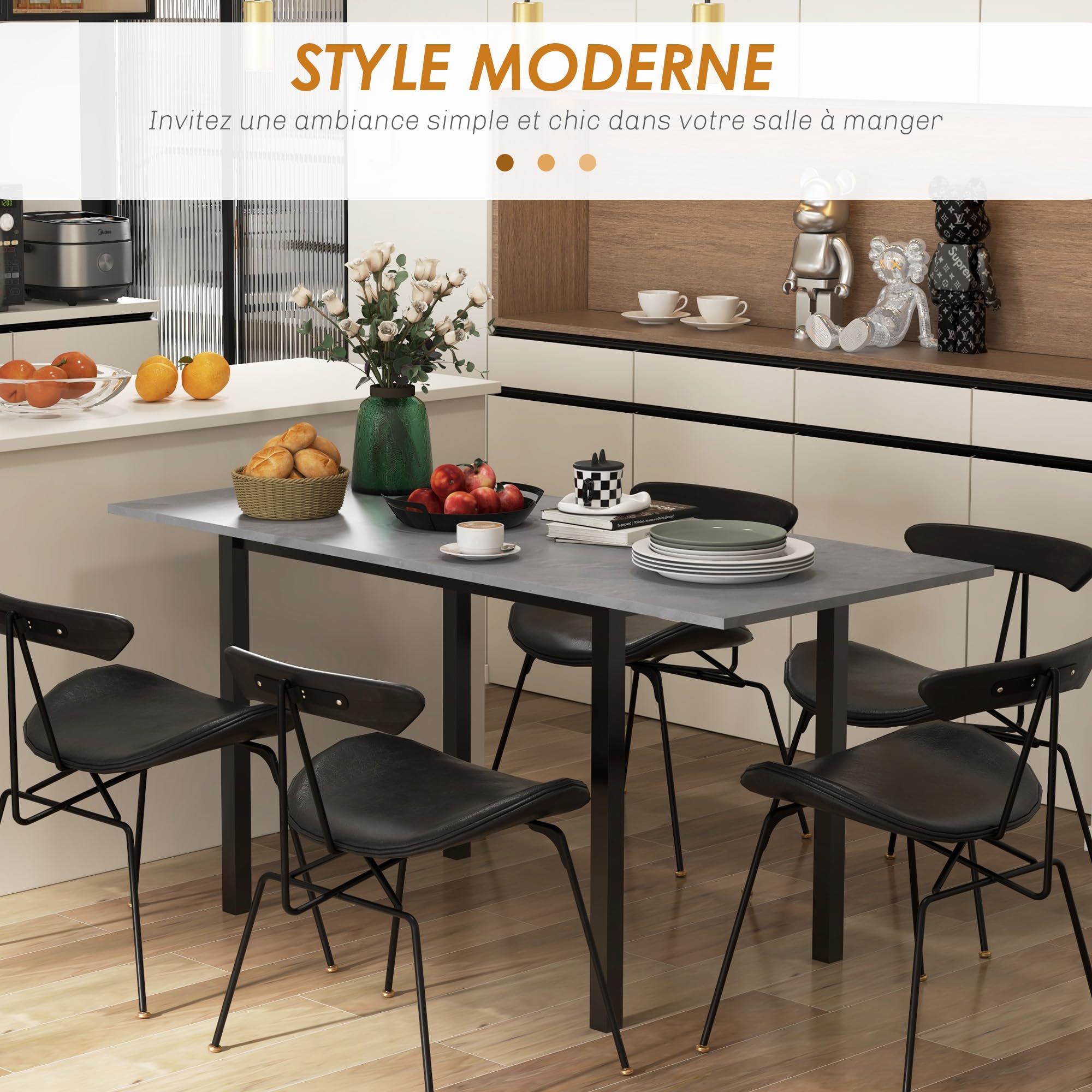 HOMCOM Table à Manger Extensible pour 6 Personnes Grand Plateau Gris Foncé | Table de Cuisine, Cadre en Acier, Design Moderne