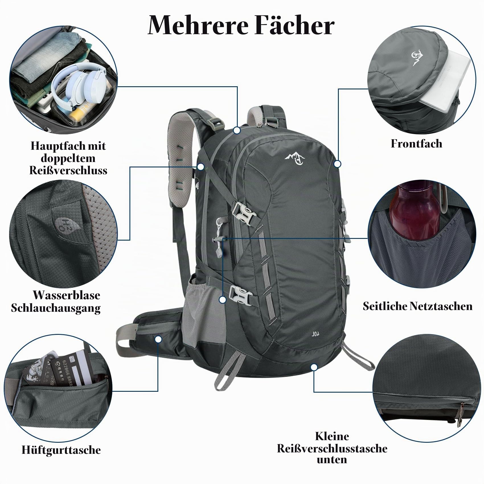Long Keeper Wanderrucksack 40L Wasserdichter Campingrucksack mit Regenhülle Leichter Trekkingrucksack Outdoor Sport Rucksäcke für Klettern Skifahren Radfahren Reisen