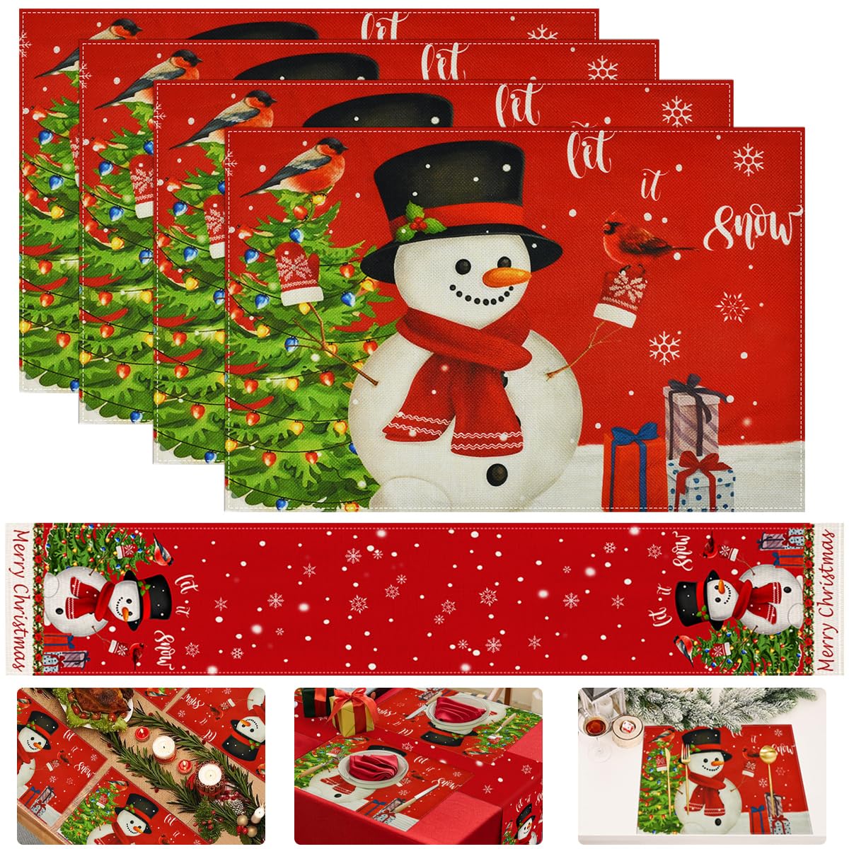 4 PCS Set de Table Noel Rouge 45 * 30cm et Chemin de Table de Noël 180 * 33cm, Set de Table Lavables, sous Assiette de Table Noel, Nappe de Table Noel pour Maison, Cuisine, Restaurant, Hôtel