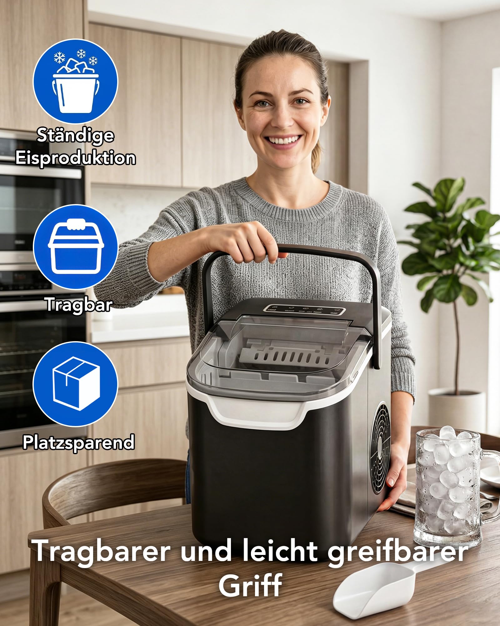Kismile Eiswürfelmaschine, Eis in 6 Min, 11,8 kg 24 Stunden, Zwei Eisgrößen, mit Tragegriff, Ein-Knopf-Selbstreinigung & flüsterleiser Betrieb, inklusive Eisschaufel und Eisbehälter, Schwarz