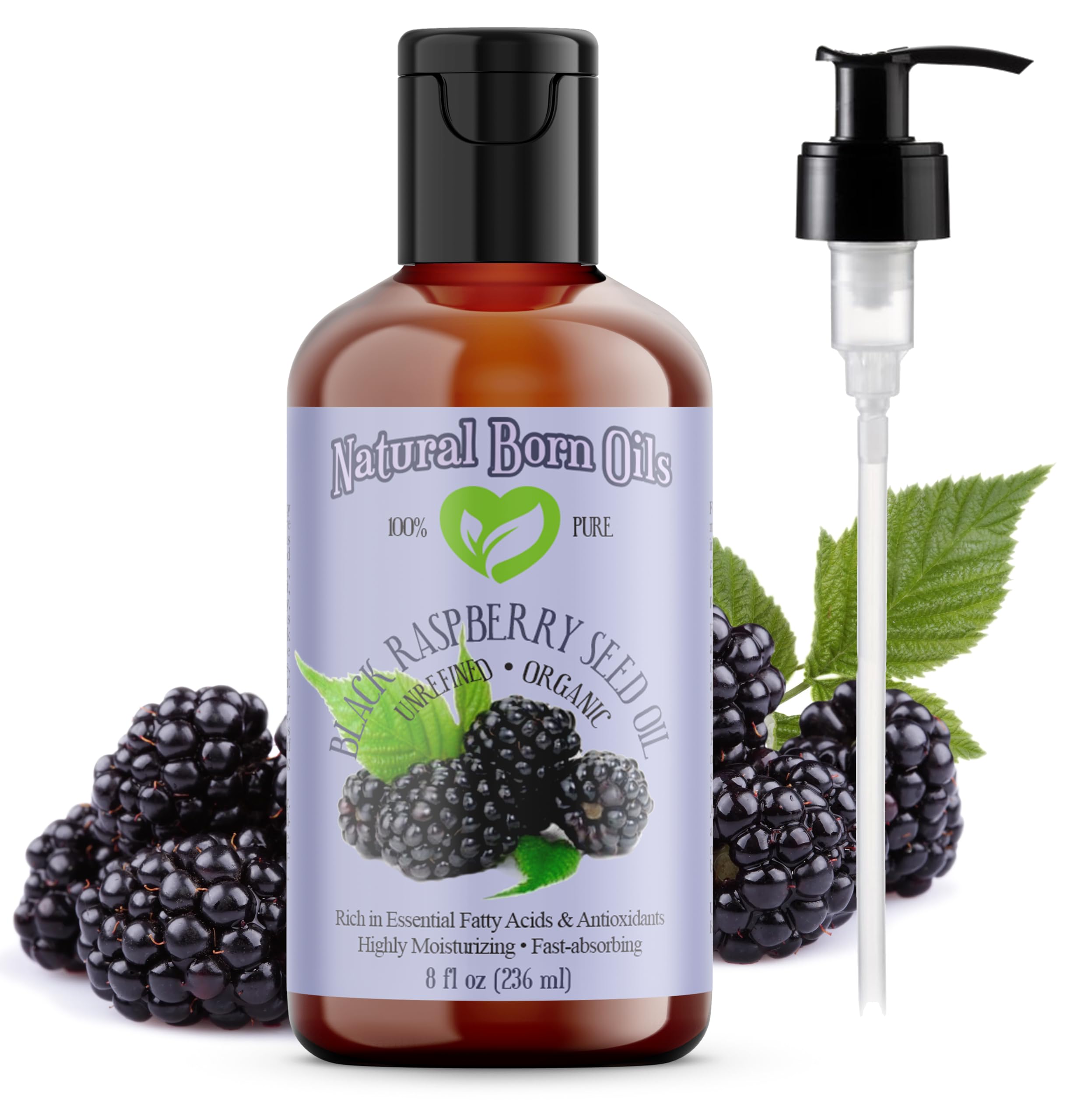 Natural Born Oils Black Raspberry Seed Oil, 8oz, Organic, Cold-Pressed, Antioxidant-Rich, Skin Rejuvenation, Hair Vitality