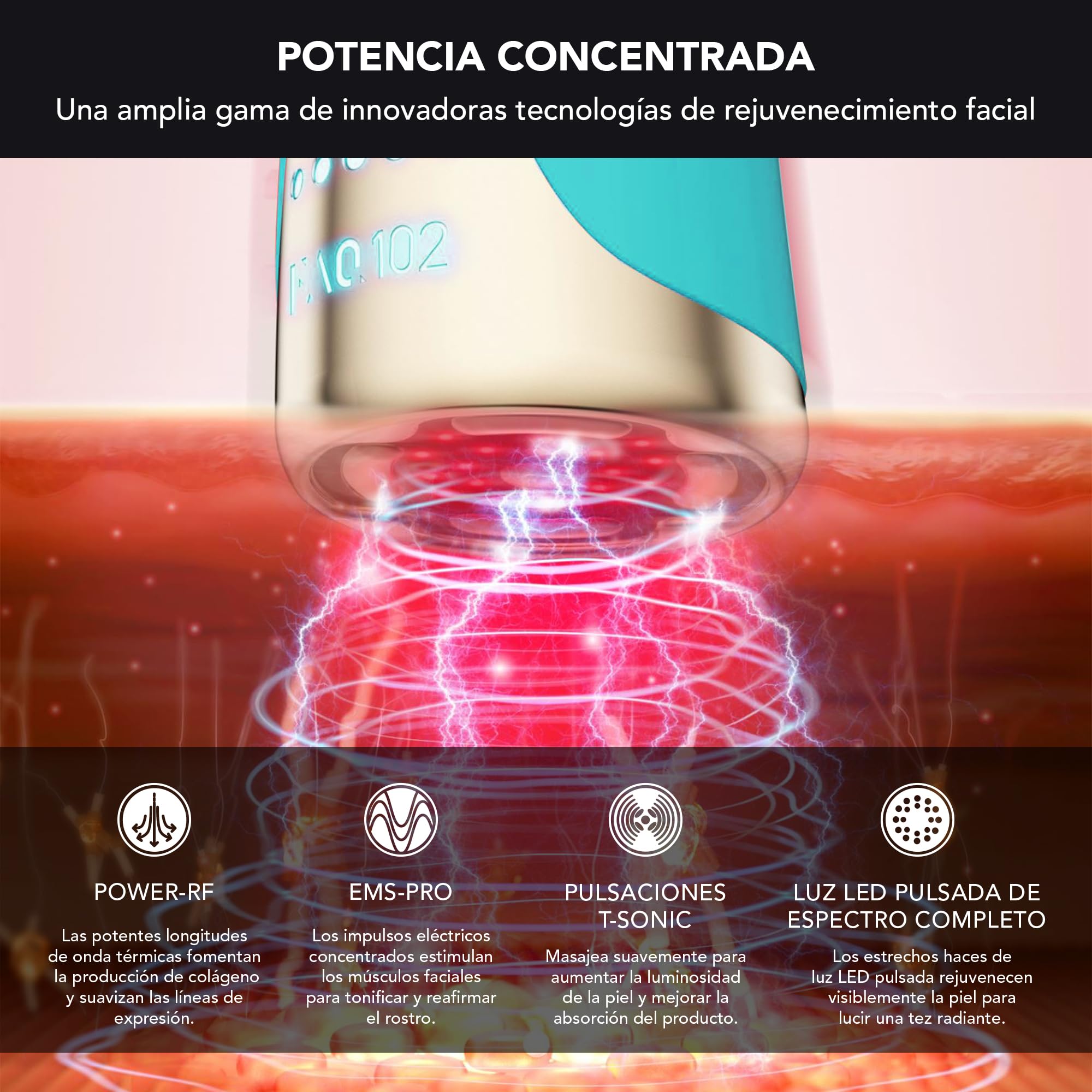 FOREO FAQ 102 Topaz, Radiofrecuencia Facial Profesional, EMS, RF y 8 Luces LED- Luz Roja Terapia, Antiedad, Masajeador Facial T-Sonic, Cuidado Facial Mujer, Luz Infrarroja