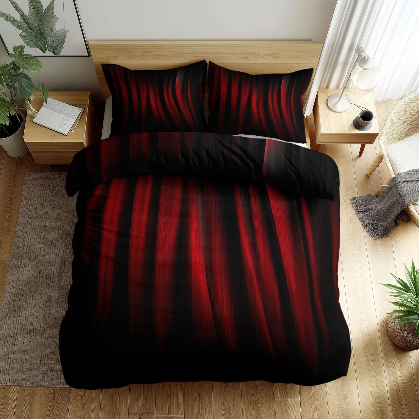 Reversible Red Striped Geometric Toddler/Junior Duvet Cover Set 120 x 150 cm, Dark Style Soft Double-Brushed Printed Bedding with Zipper Closure - Comfy Breathable Quilt Cover for Kids & Teens