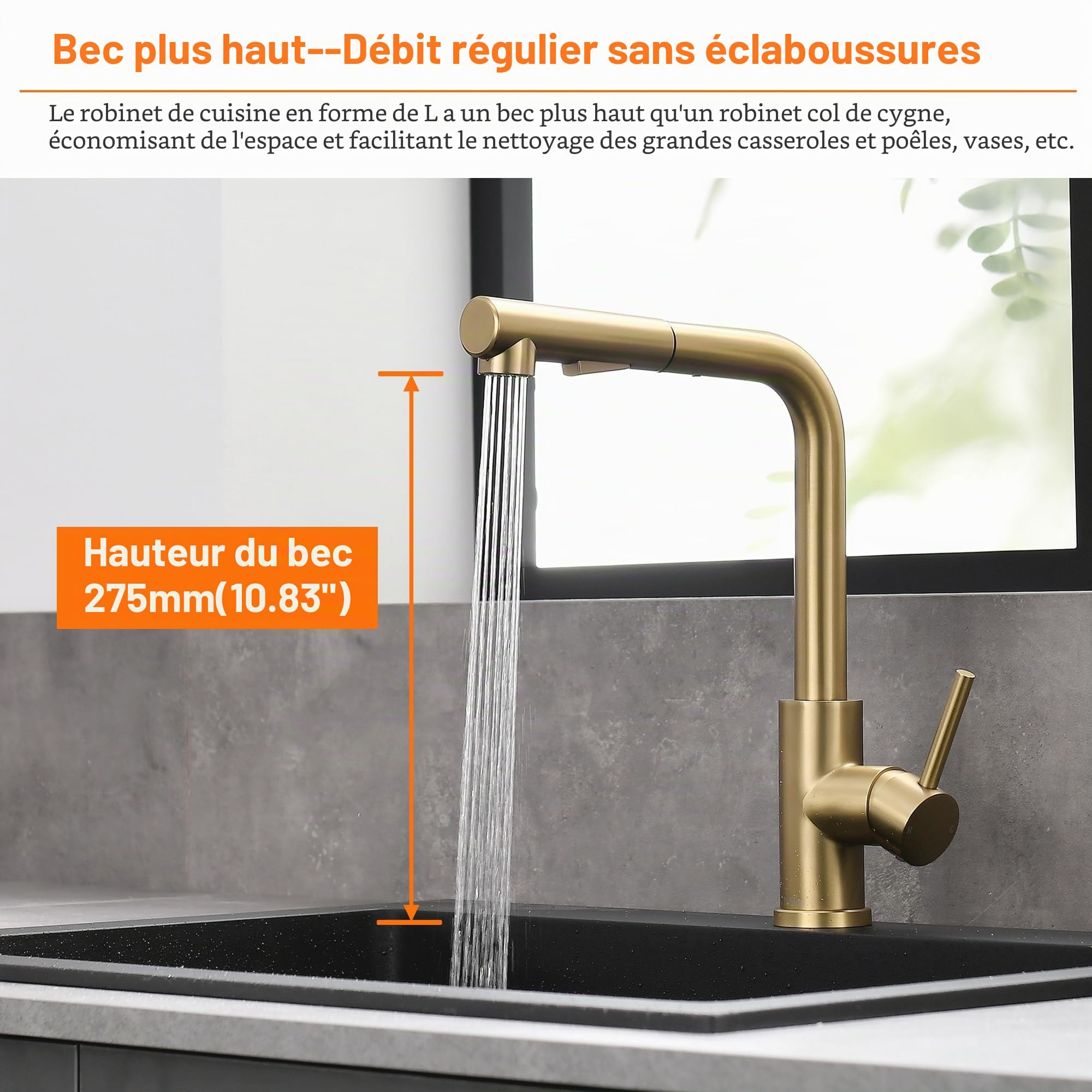 Tohlar robinet de cuisine doré, amatur extensible avec douchette magnétique, deux types de jet, robinet d'évier haute pression, en forme de L, acier inoxydable brossé