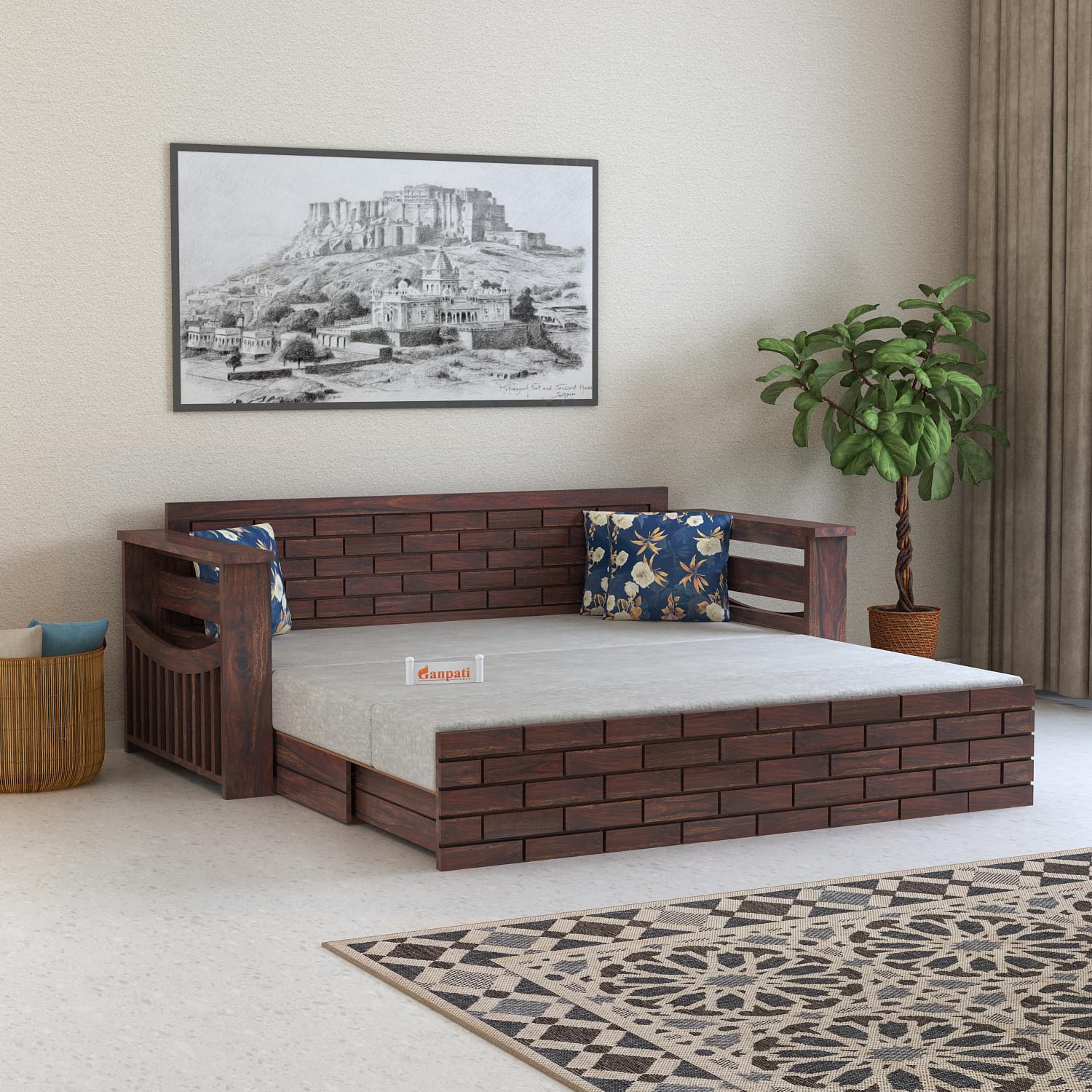 Ganpati Arts Solid Sheesham Wood 3-Person Sofa Italian Sofa Cum Bed With Storage And Side Pockets For Living Room Wooden Sofa Bed For Home - Walnut Finish 1 Year Warranty