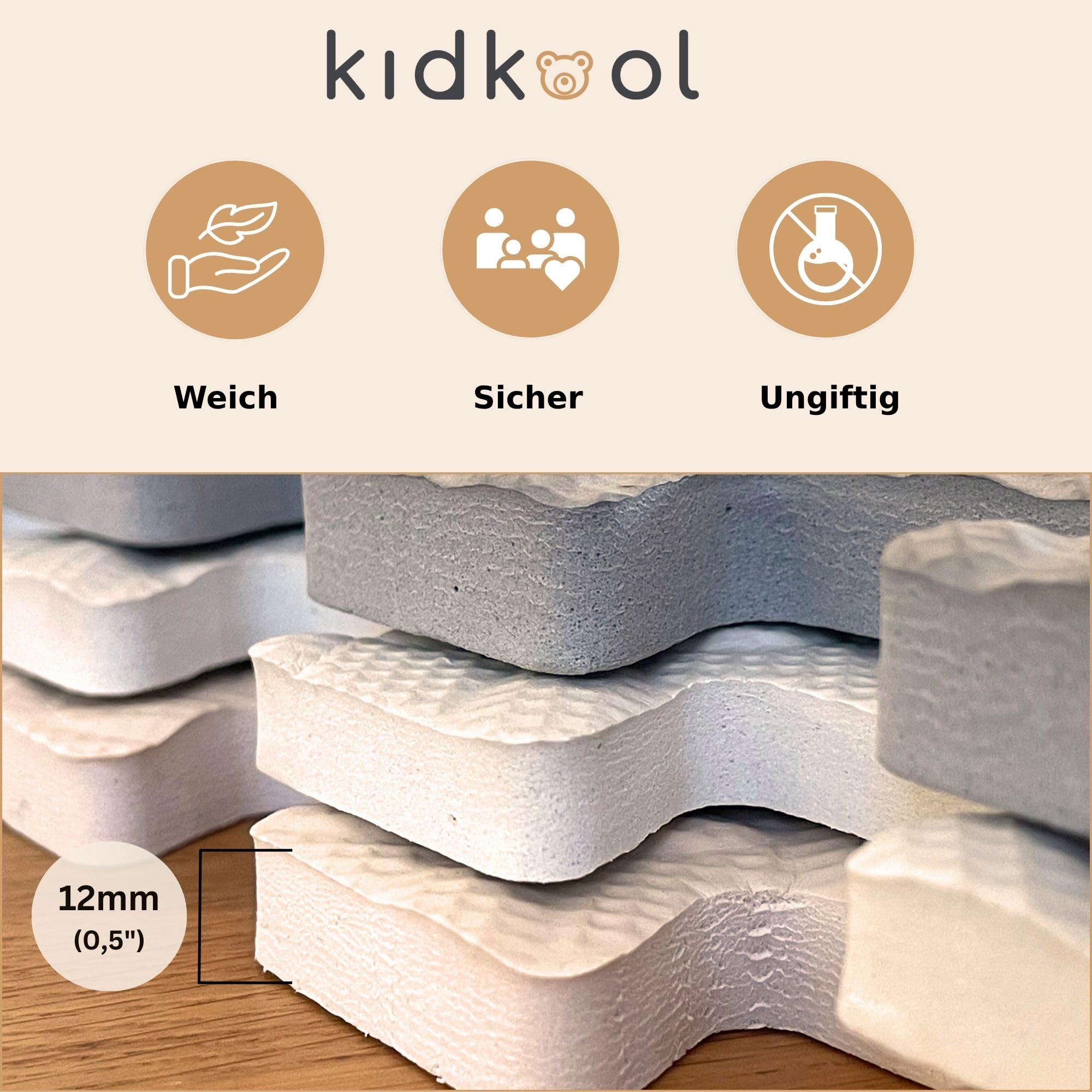 Kidkool Puzzlematte Spielmatte für Baby u. Kinder mit 18 Stück in Grau, Weiß und Beige Farben - 100% Ungiftig, rutschfest und Abwischbar | PUZZLEMAT
