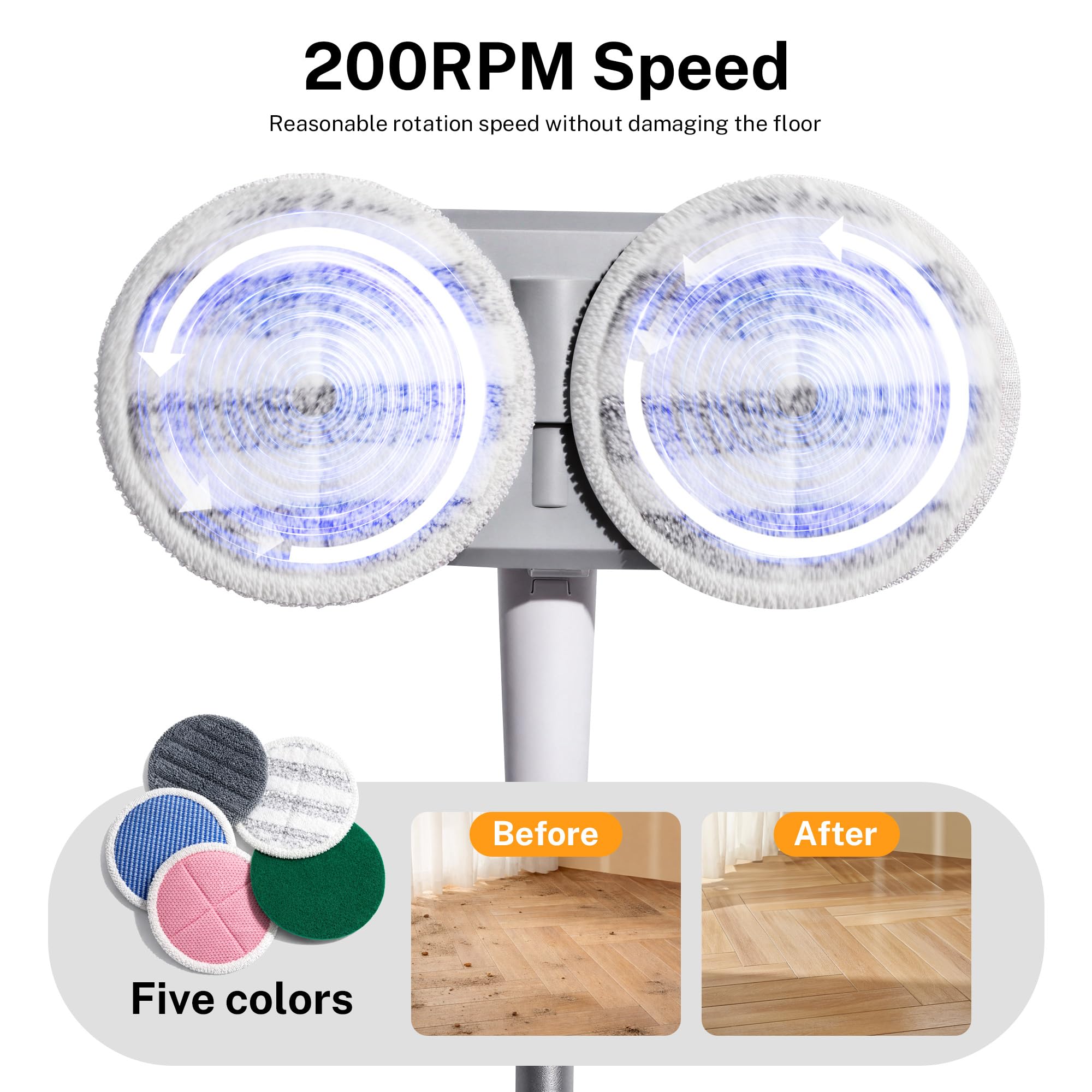 Mopa giratoria eléctrica inalámbrica con motor de alta velocidad de 220 RPM para suelos laminados de azulejos de madera dura y vinilo con 4 almohadillas grises y 2 almohadillas para fregar