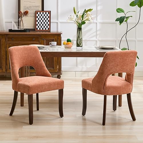 UVV Wooden Dining Chairs Set of 2, Mid Century Modern Upholstered Dining Room Chair Kitchen Chairs, Chenille Dinner Chair with Solid Wood Legs for Kitchen Dining Room, Orange