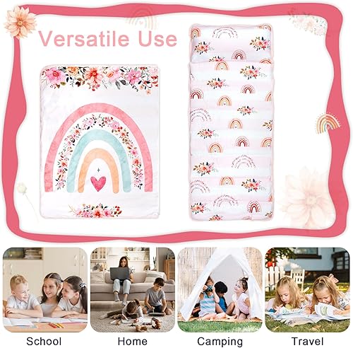 Miniatura 5 de Tapete para siesta para niños pequeños con almohada extraíble y manta suave de lunares Minky, tapete para siesta con estampado floral de arcoíris