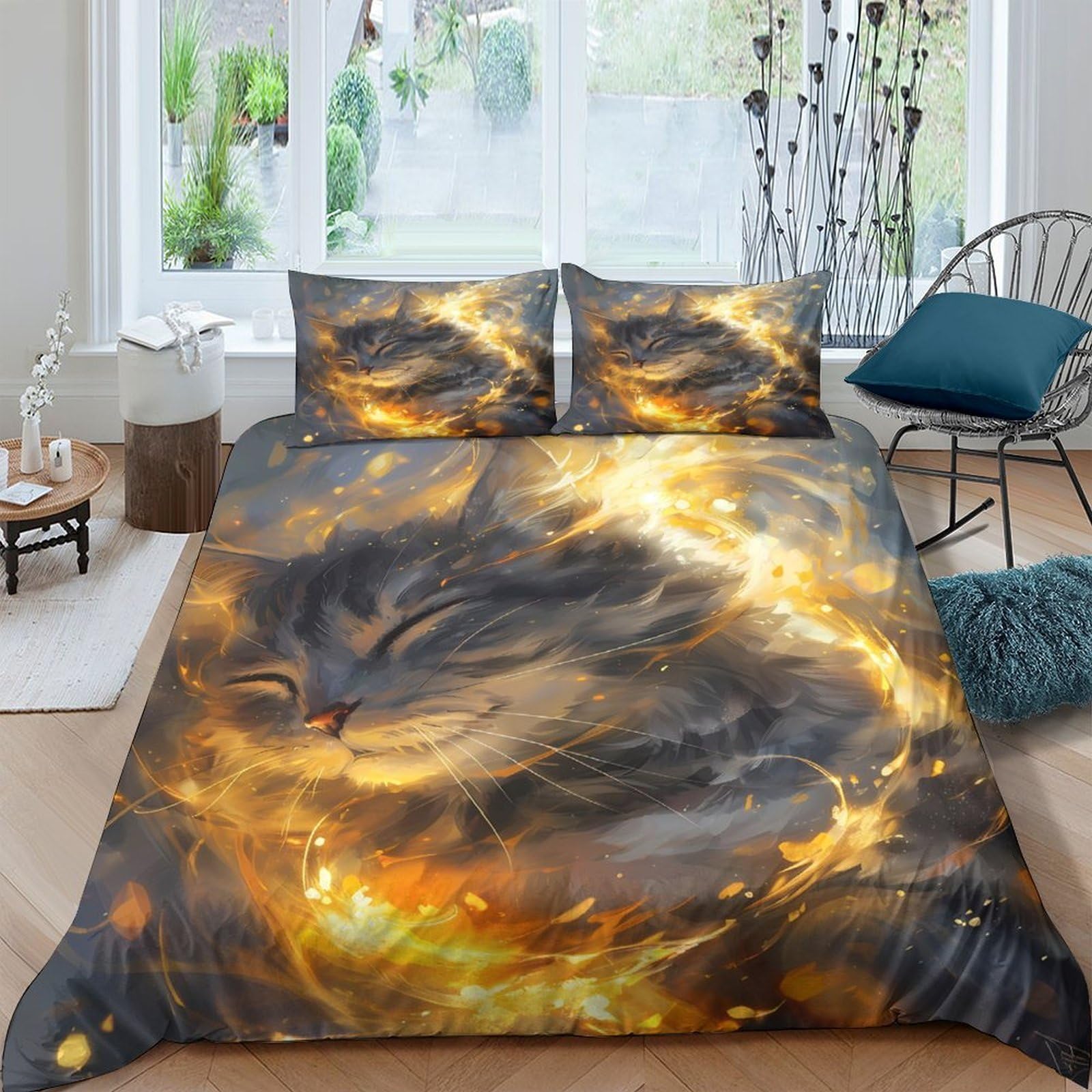 GPLZQXKJNH 3D Printed Galaxy Cat Duvet Cover Microfiber Soft Bedding Set with 2 Pillowcases Fantasy Nebula Bedroom Decor Single（135x200cm）