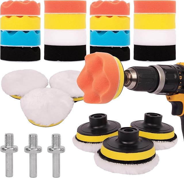 GADLANE Car Polishing Pads for Drill - 25PCS Buffer Drill Attachment Works with M10 Drills, Cordless Screwdrivers and Polishing Machines - Assorted Levels of Softness
