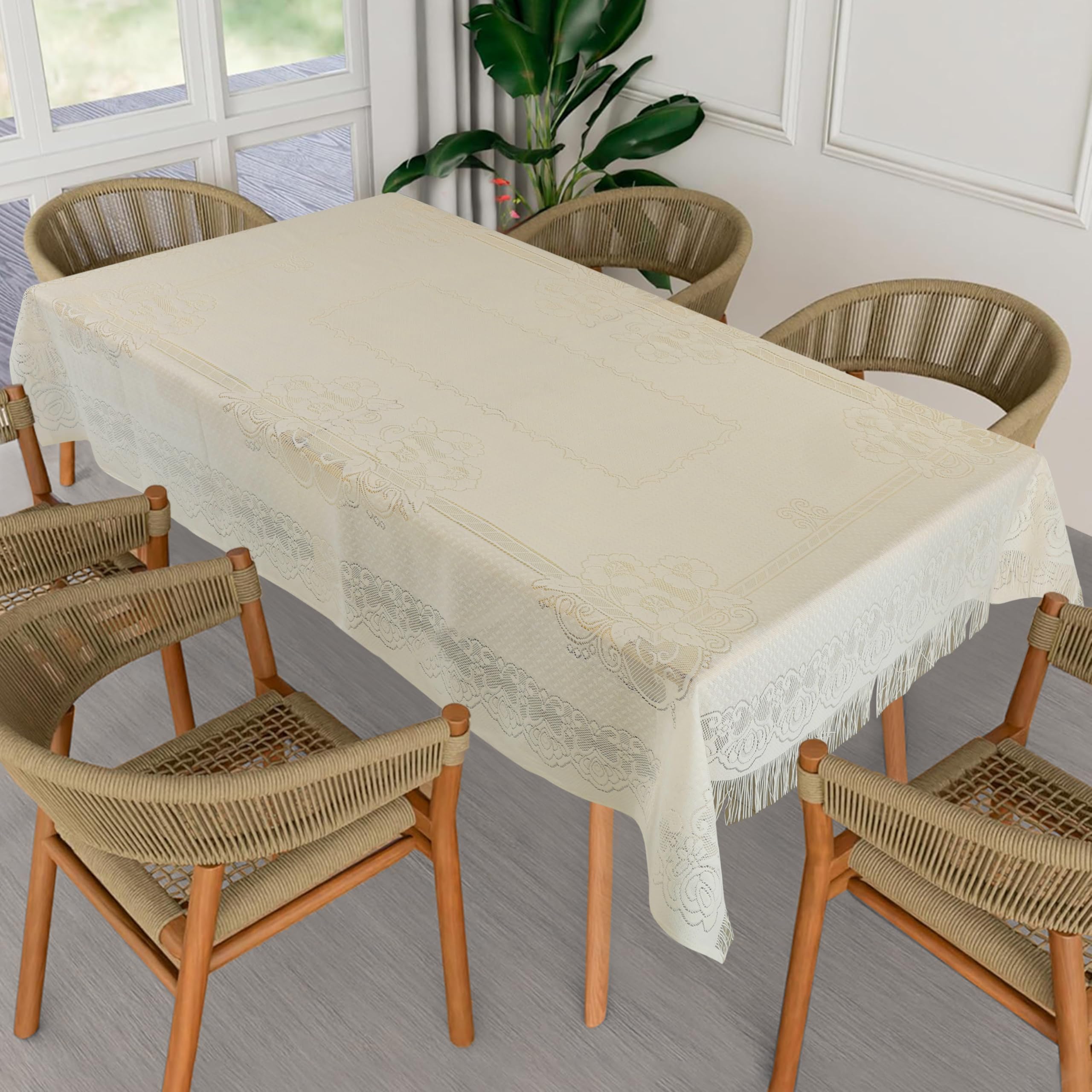 Homerz Premium 6-8 Seater Dining Table Cloth, Cotton Table Linen, Royal and Durable Cover (Jhallar Cream, 60x90 inch- 6-8 Seater)
