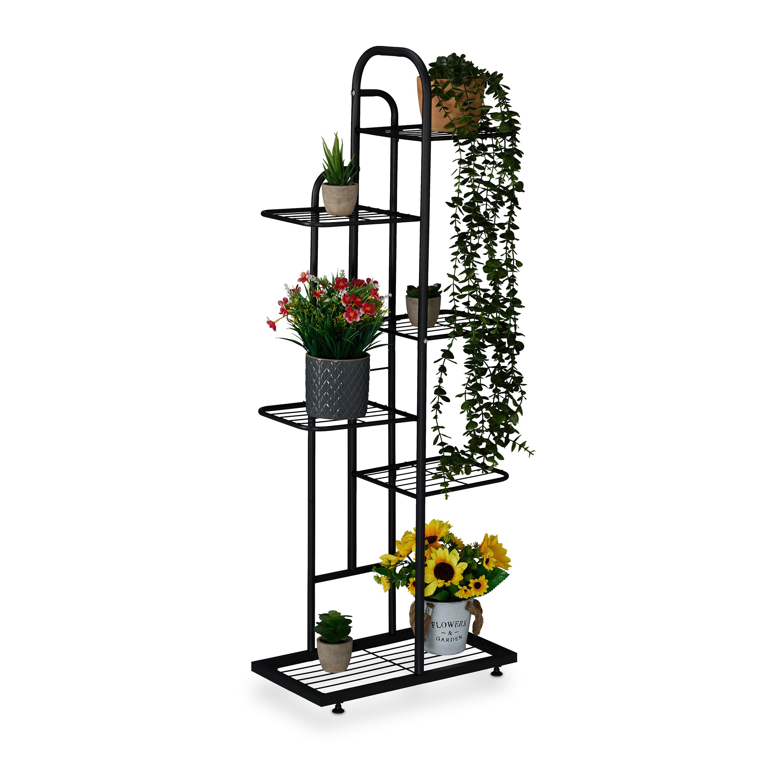 Relaxdays Plant Stand, 6 Tiers for 7 Pots, Shelves for Flowers & Houseplants, Metal, Herb Rack, 109.5x44x22 cm, Black