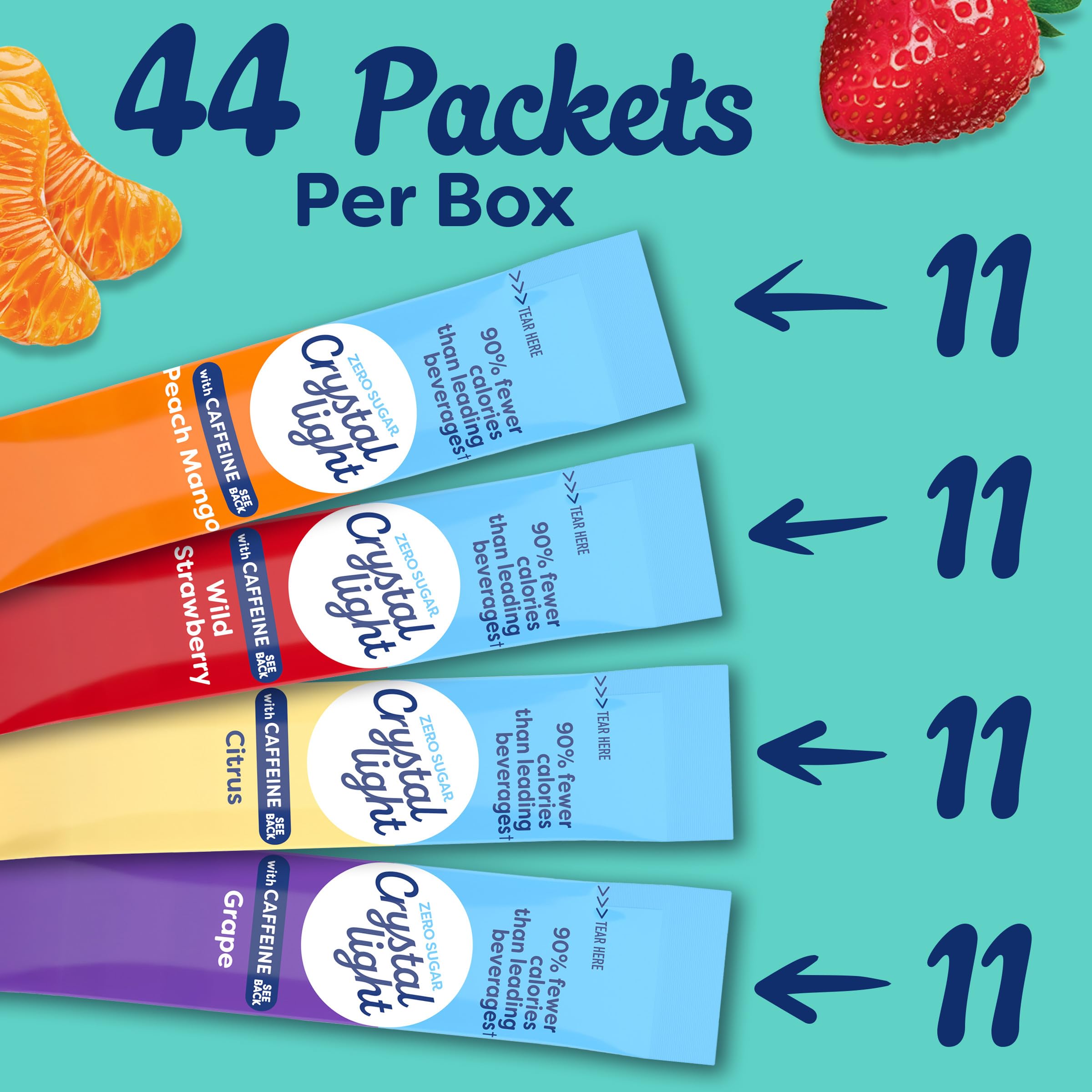 Crystal Light Mezcla de bebida energizante con cafeína, paquete variado de 44 paquetes para hidratación sobre la marcha, melocotón mango, fresa silvestre, cítricos, uva, sabor natural y artificial