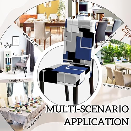 Miniatura 6 de MCALK Juego de 4 fundas geométricas para sillas y camino de mesa, fundas elásticas color azul marino para cocina, protector de silla lavable