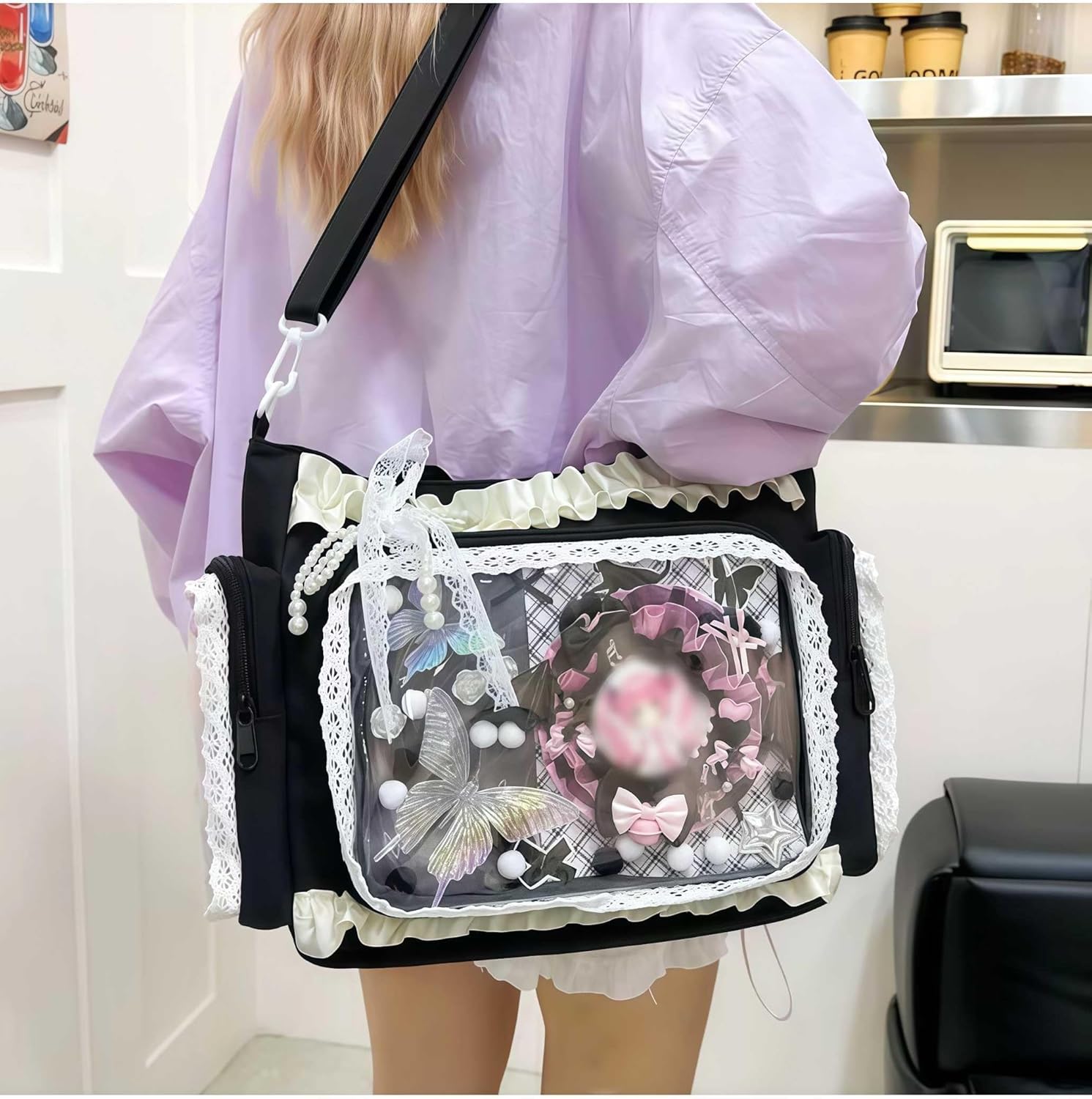 ita crossbody tote bag, pin display with Insert large messenger bag, cute tote bag with zipper ruffle, japanese aesthetic y2k - Image 9