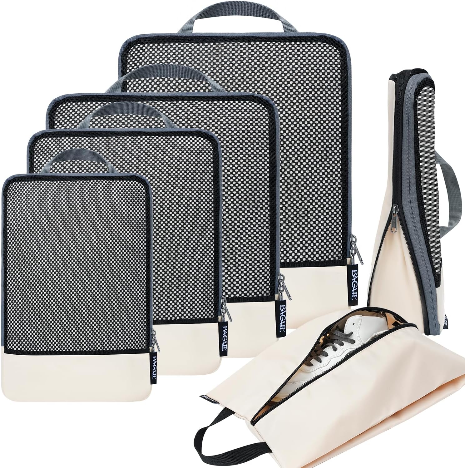 BAGAIL 4 Set/6 Set/8 Set Compression Packing Cubes Travel Accessories Expandable Packing Organizers (Half Mesh, 6-Beige) 6-Beige Half Mesh