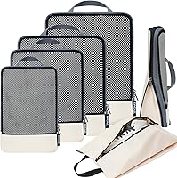 Vista 78 de BAGAIL 4 juegos/6 juegos/8 cubos de compresión para embalaje, accesorios de viaje, organizadores de embalaje expandibles (malla cuadrada, 06-beige)