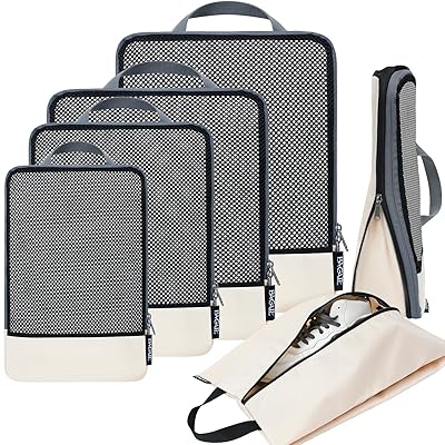 BAGAIL 4 Set/6 Set/8 Set Compression Packing Cubes Travel Accessories Expandable Packing Organizers (Square Mesh, 06-Beige)