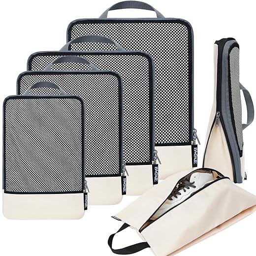 BAGAIL 4 Set/6 Set/8 Set Compression Packing Cubes Travel Accessories Expandable Packing Organizers (Half Mesh, 6-Beige)