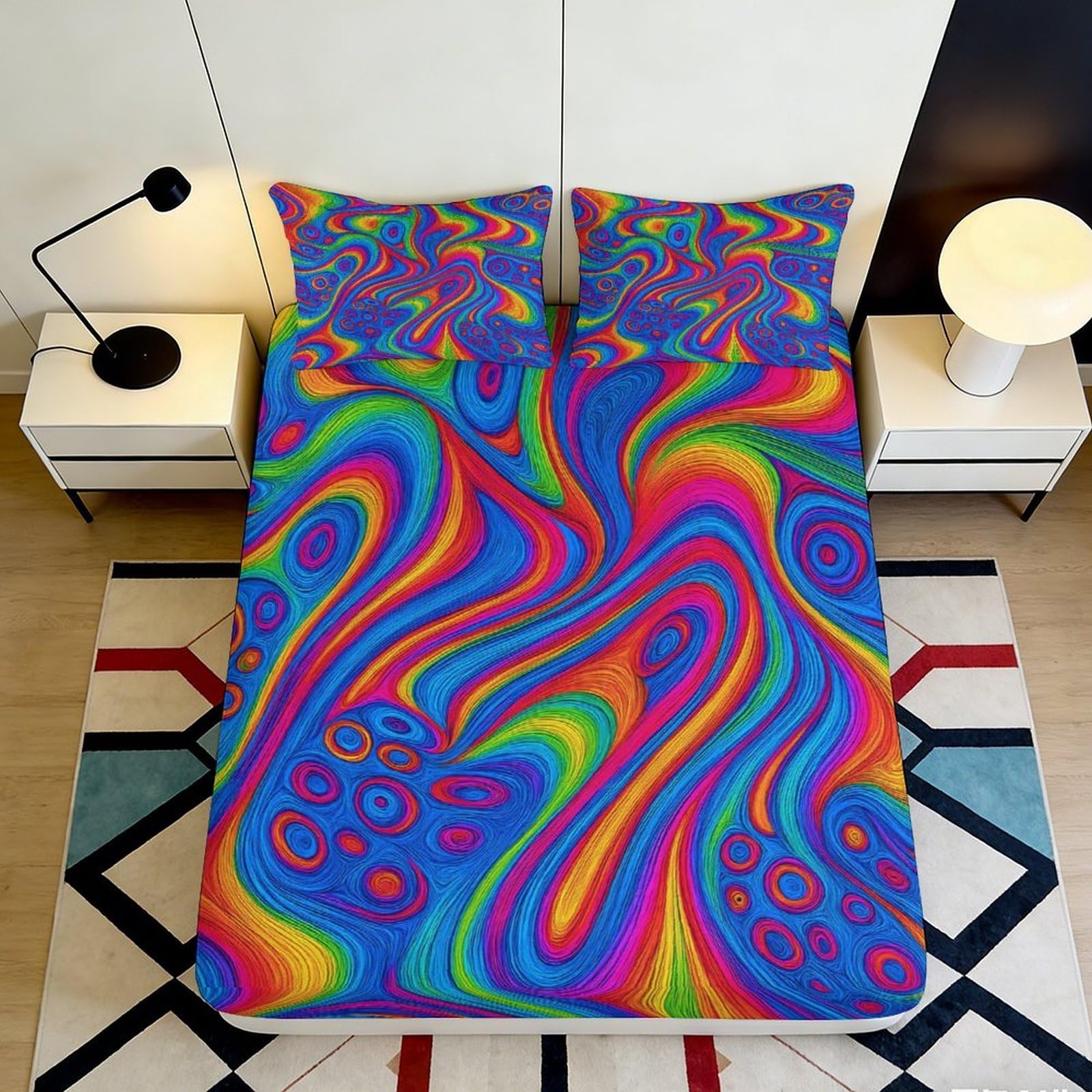 Jqzkxnhpbr Style-5 3D Printed Psychedelic Swirl Fitted Sheet Microfiber Soft Vibrant Rainbow Mattress Cover For Bedroom Home Decor 90X200x25cm