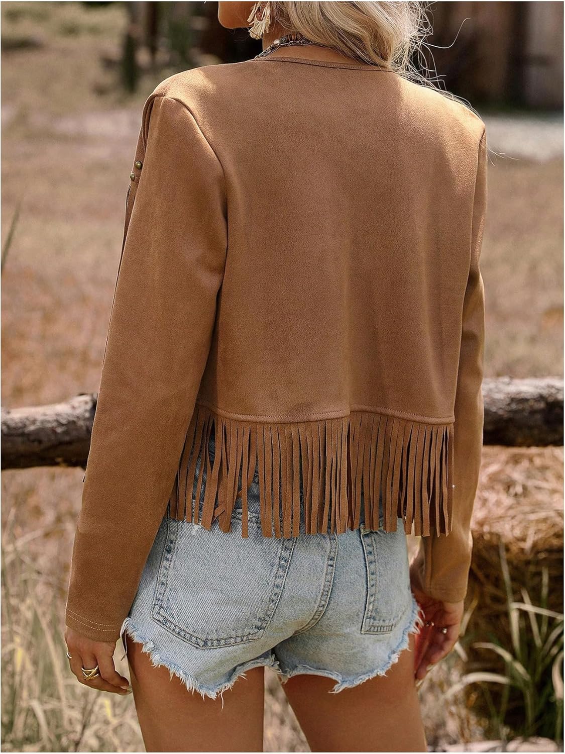 SOLY HUX Women's Faux Suede Fringe Trim Long Sleeve Open Front Cardigan Jacket Western Concert Outfits - Image 2