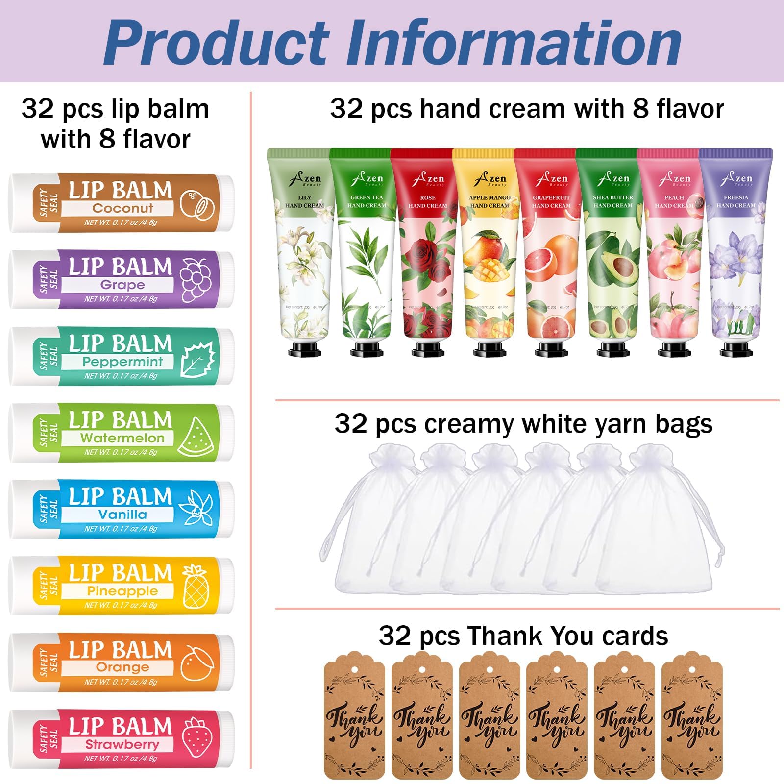 AZEN Hand Cream and Lip Balm Gift Set with Organza Bags and Thank-You Cards