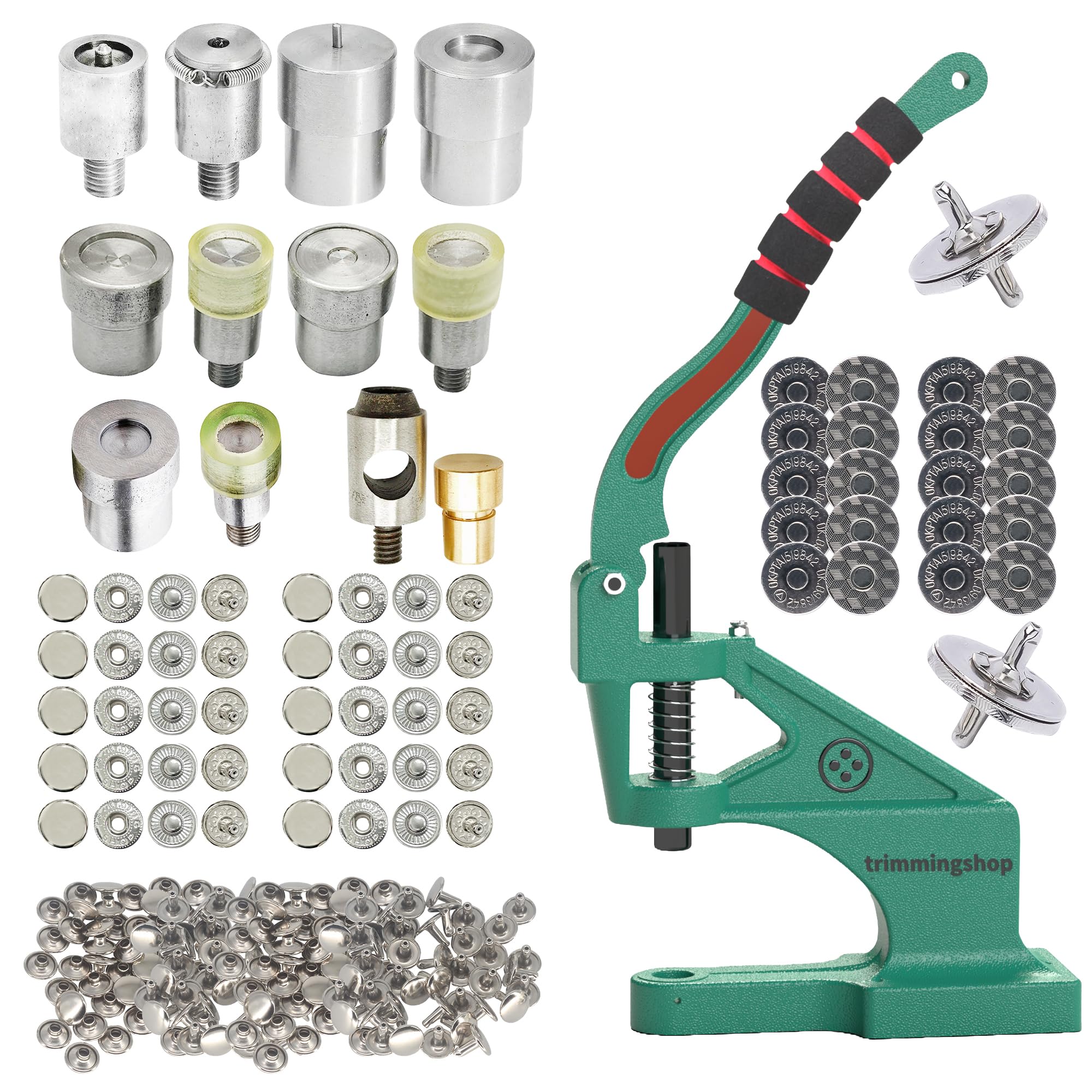 Trimming Shop Bag Makers Kit – The Green Machine Hand Press, Tubular Rivets, Magnetic Snaps, S-Spring Press Studs, Buttons & Die Sets for DIY Leathercraft & Purse Making [Silver]