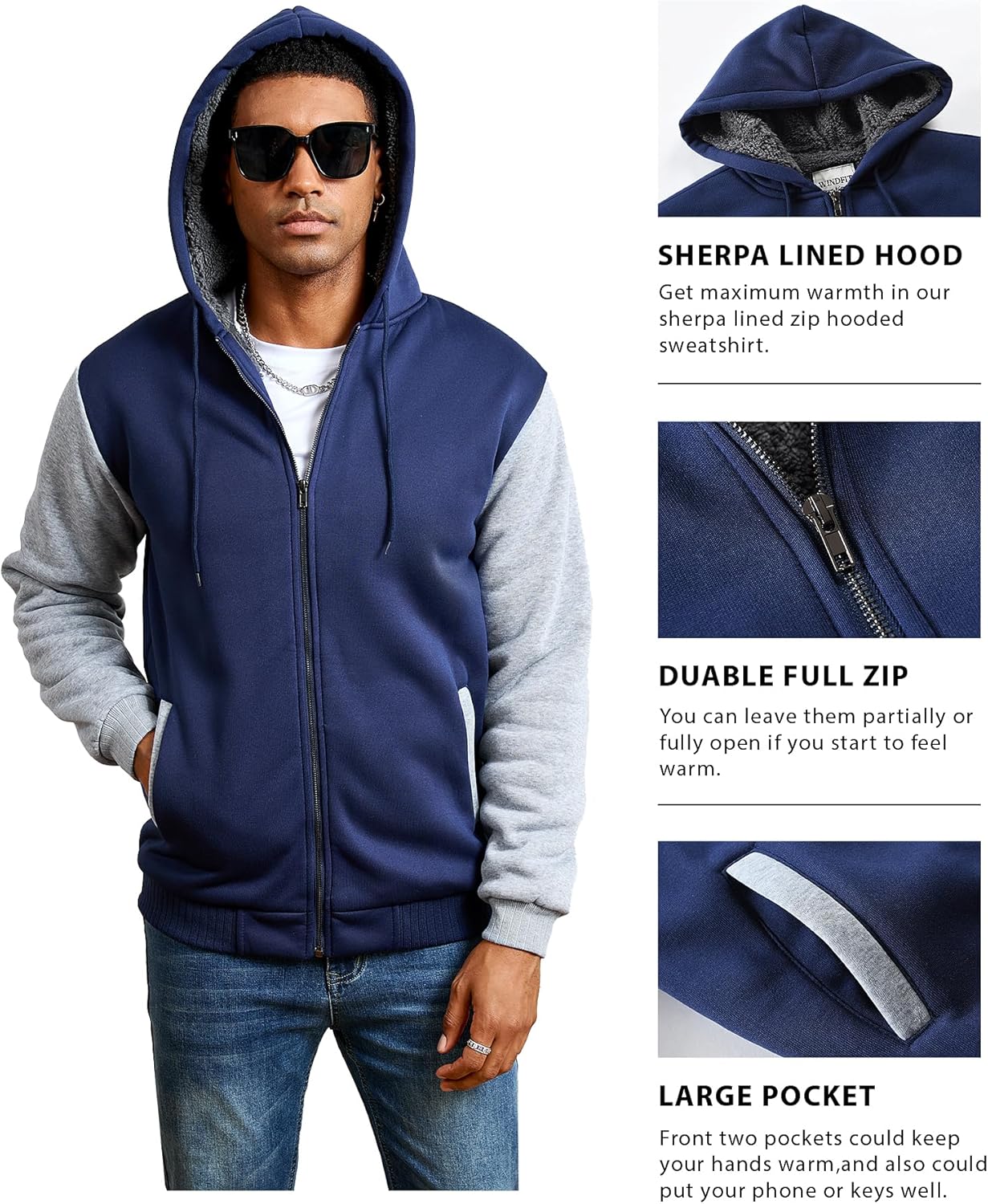Men's Sherpa Jacket Heavyweight Zip Up Hoodie Fleece Hooded Sweatshirt with Pocket - Image 5