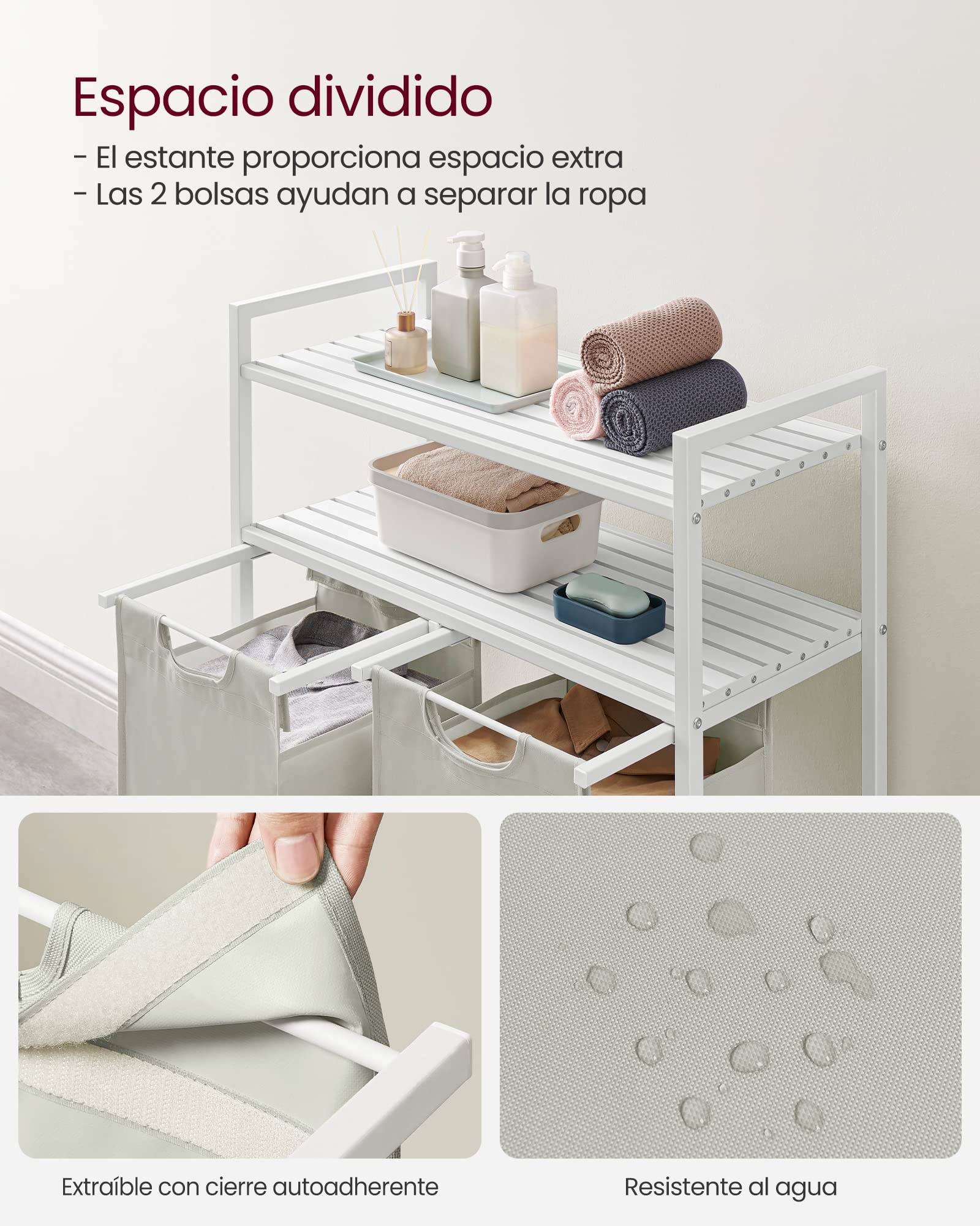 VASAGLE Cesto para Ropa Sucia, Cesta Colada Desmontable con 2 Bolsas Extraíbles, 2 Estantes, 46 L por Bolsa, para Baño, Lavandería, Blanco BLH211W01