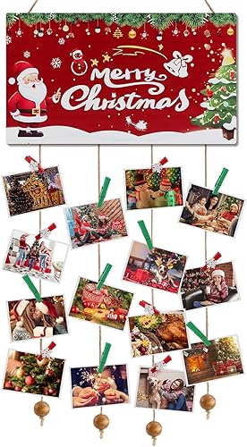 Tarjetero de Navidad Lanstics Christmas de madera con 30 clips para colgar en la pared de Navidad, soporte de fotos para colgar tarjetas de Navidad,