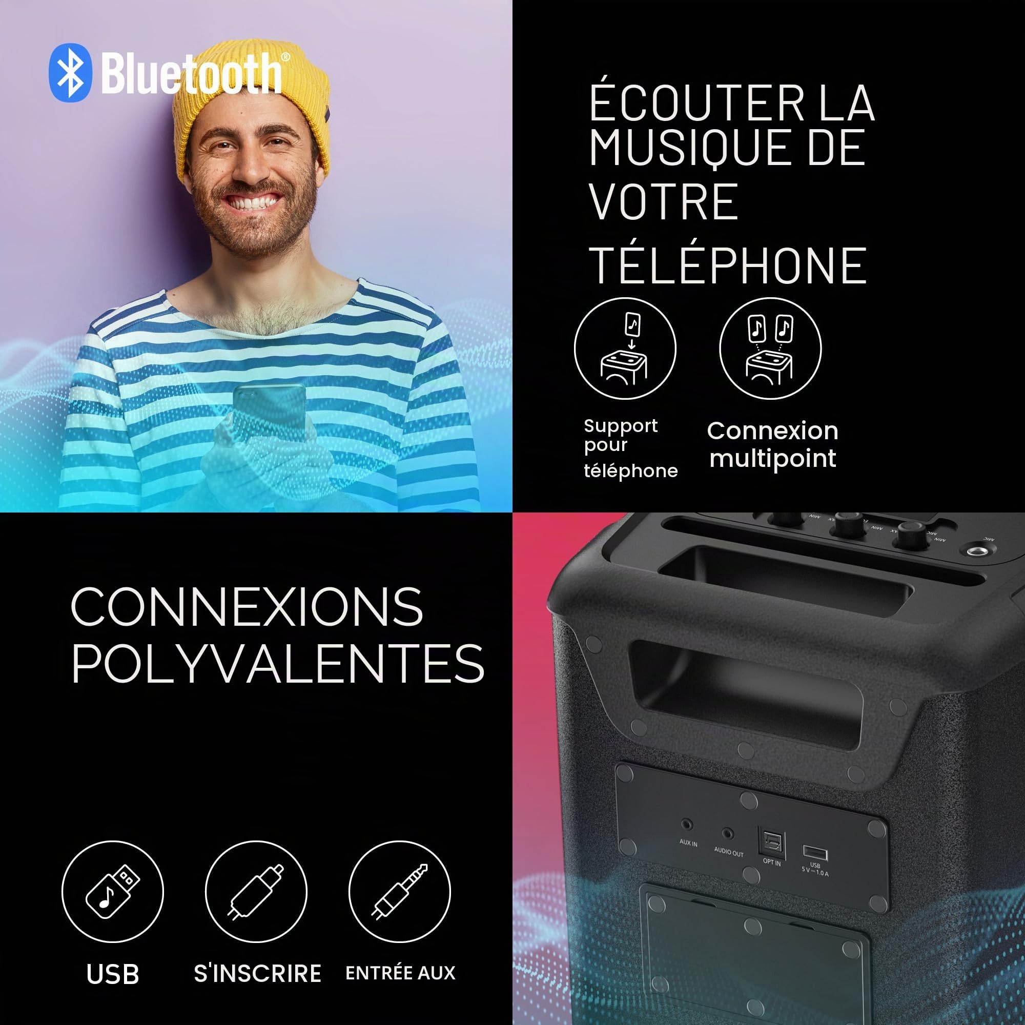 Panasonic SC-BMAX5E-K Enceinte Portable avec Bluetooth, Lumières Intégrées, 75W, USB, Entrée Optique pour TV, Entrées Guitare et Micro pour Karaoké, Noir