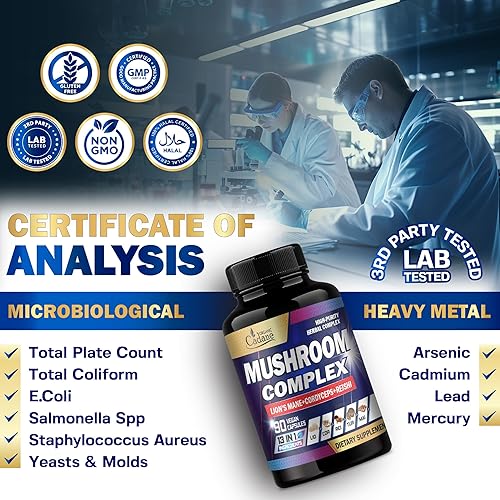 Miniatura 7 de Organic Cadane Suplementos de complejo de hongos 13 en 1, cerebro, memoria, producción de energía y sistema inmunológico, y hongos de melena de