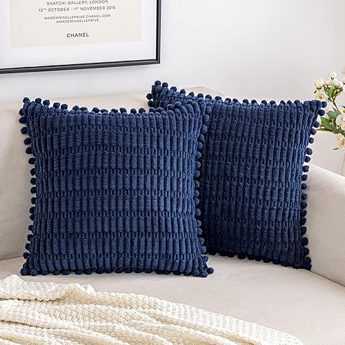 MIULEE Juego de 2 fundas de almohada decorativas de pana azul marino, suaves y bohemias, a rayas, decoración moderna para el hogar, para sofá, sala