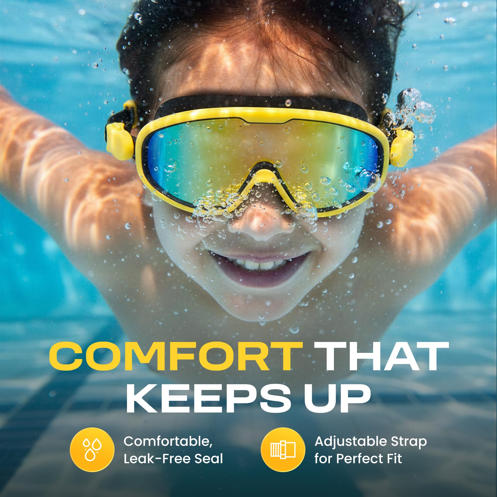 Clear'r SPLASH Jr - Maschera da nuoto per bambini, anti-appannamento, protezione UV, ampia visuale a 180°, vestibilità regolabile, per bambini dagli 8 anni in su
