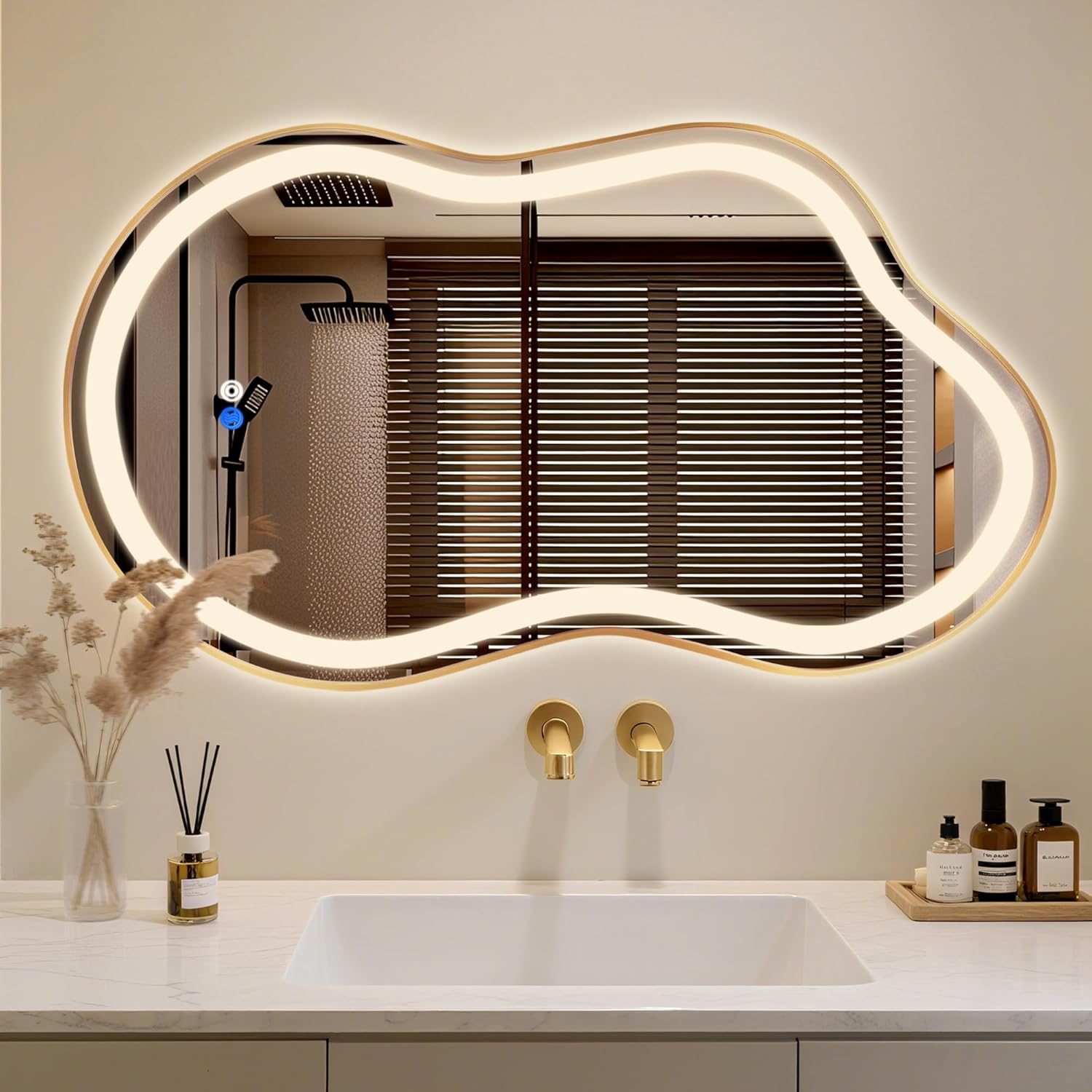 Irregular LED Bathroom Mirror with Lights, Cloud Smart Backlit Mirror, Dimmable Lighted Bathroom Gold Mirror with Anti-Fog, Asymmetrical Vanity Mirror Hangable 2 Ways (Gold, 20 x 36, 1 Pack)