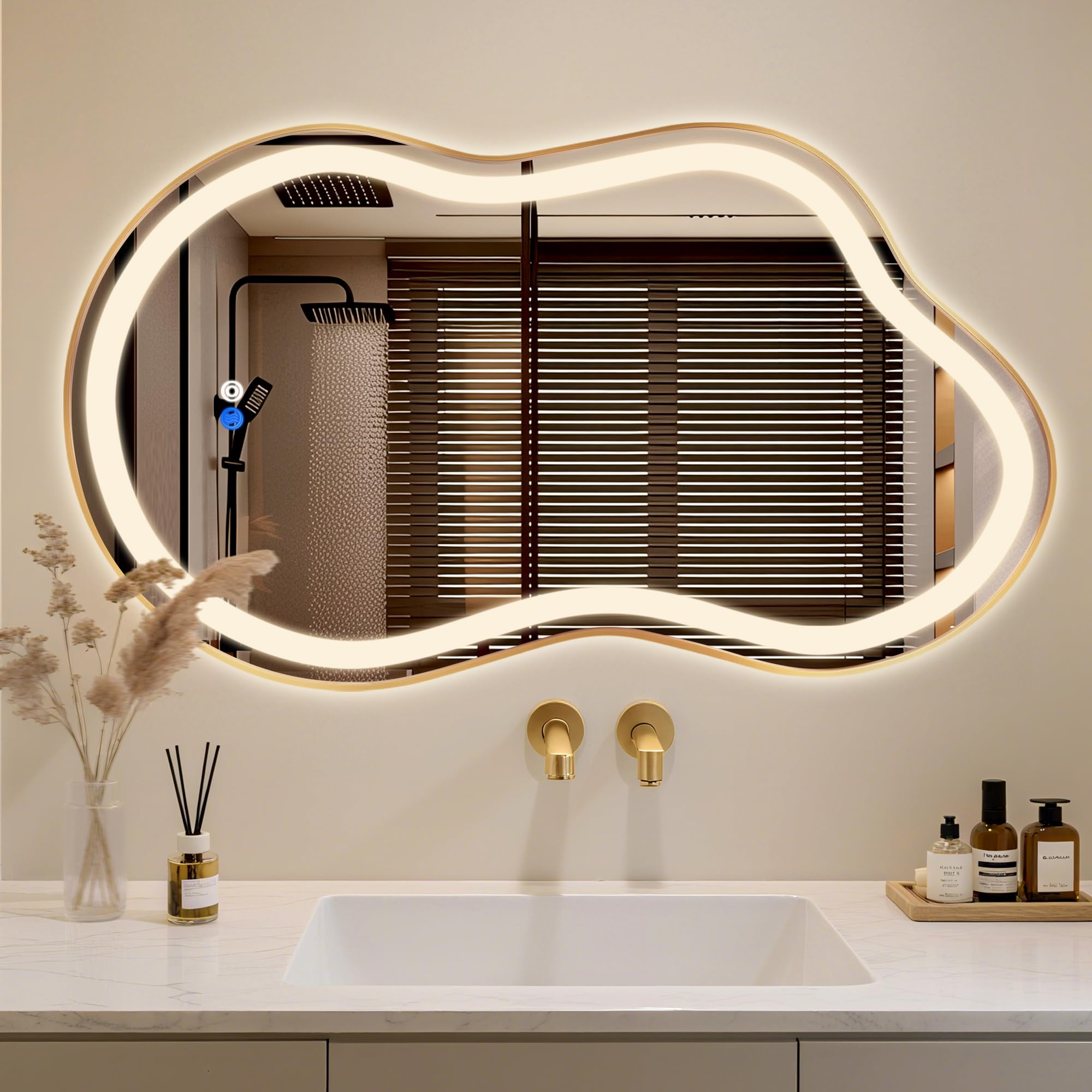 Miroir asymétrique LED nuage rétroéclairé et tactile avec anti-buée