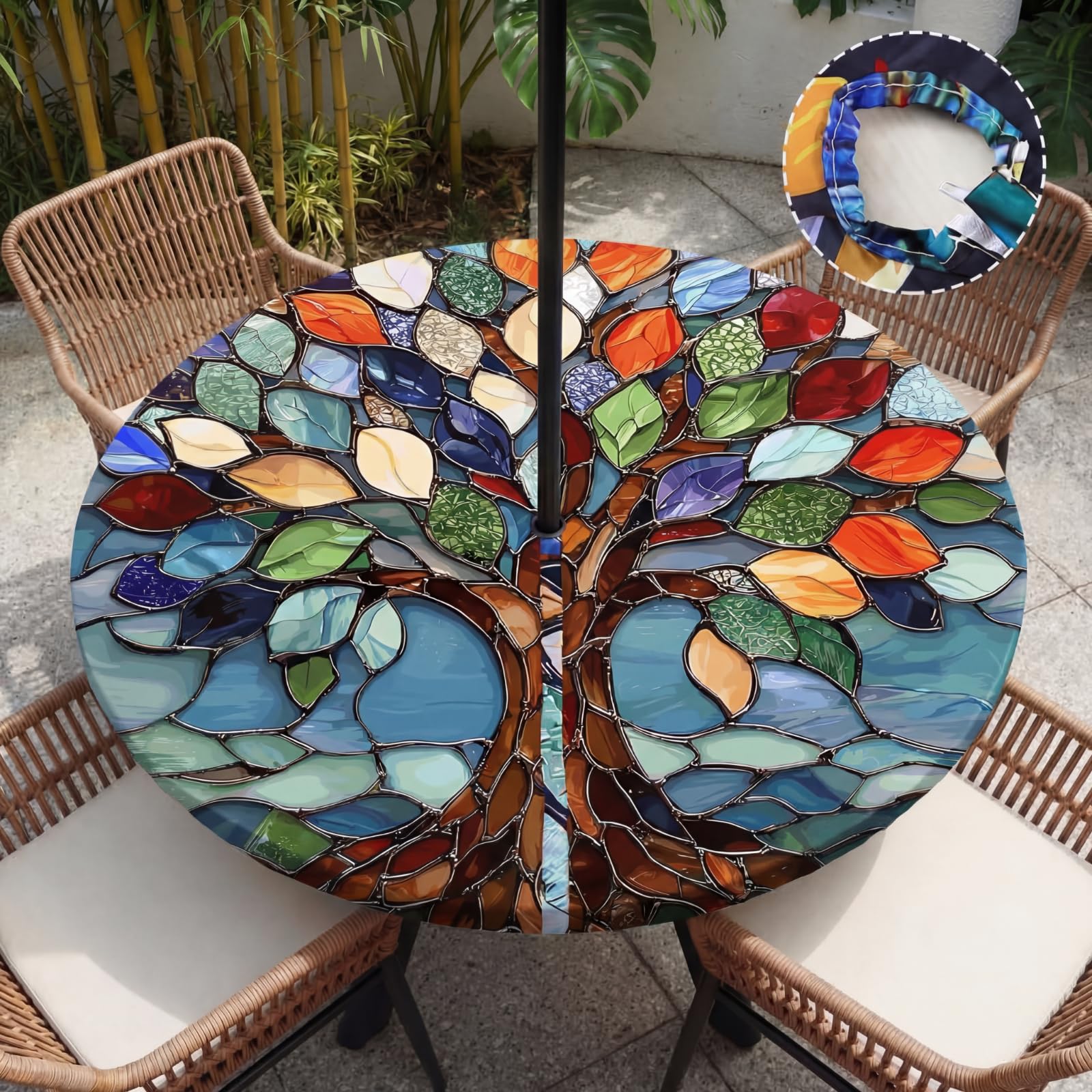 Photo 1 of HunnmingRe Tree of Life Round Outdoor Tablecloth with Umbrella Hole Zipper Waterproof Anti-Wrinkle Table Cover for Summer Patio Camping Party Car Rv Gardening Gifts Fit to 45"-53" Tables