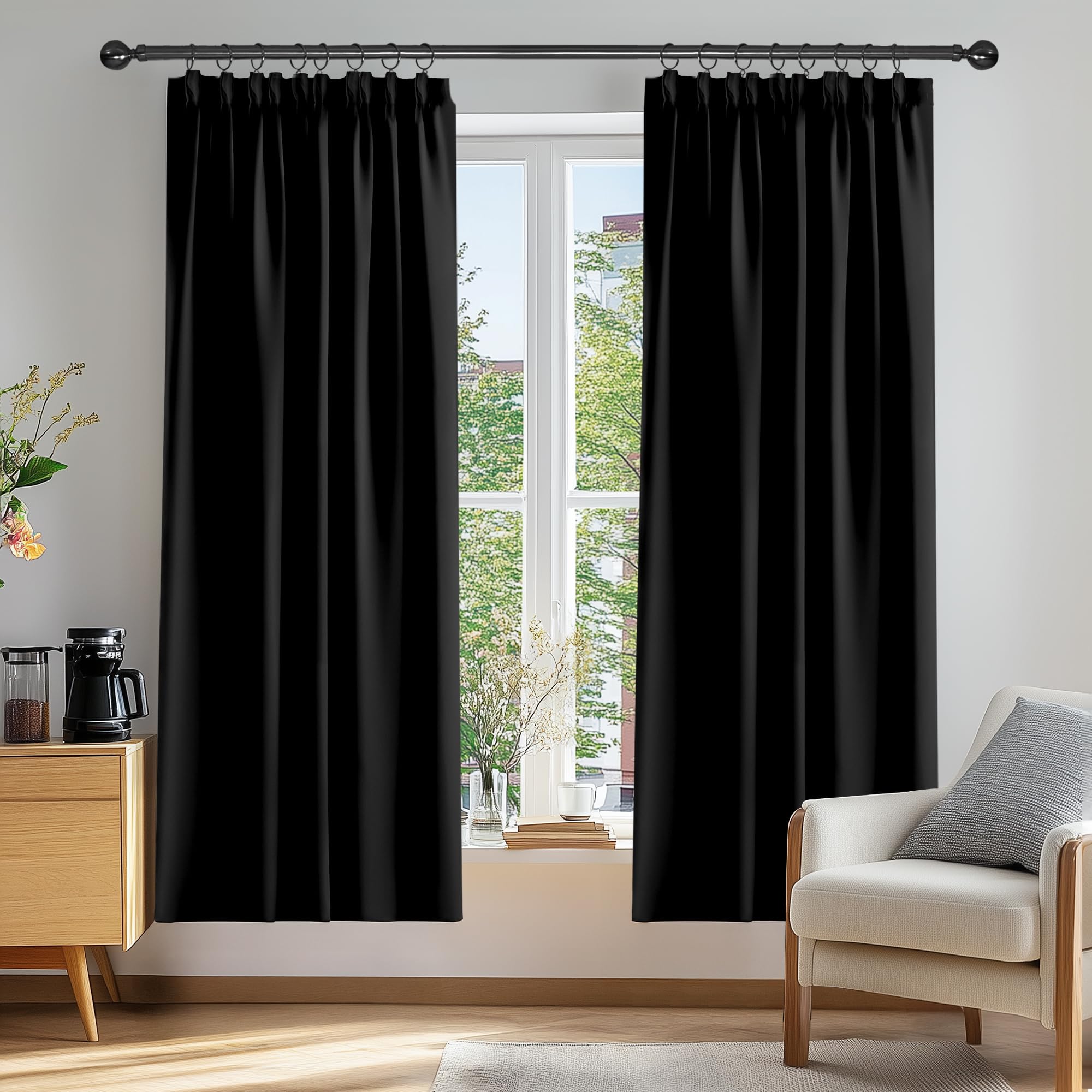 Deconovo Gardine Kräuselbandgardine Vorhang Verdunklung Blickdicht Kräuselbandvorhang, 213x107 cm(HöhexBreite), Schwarz, 2er Set